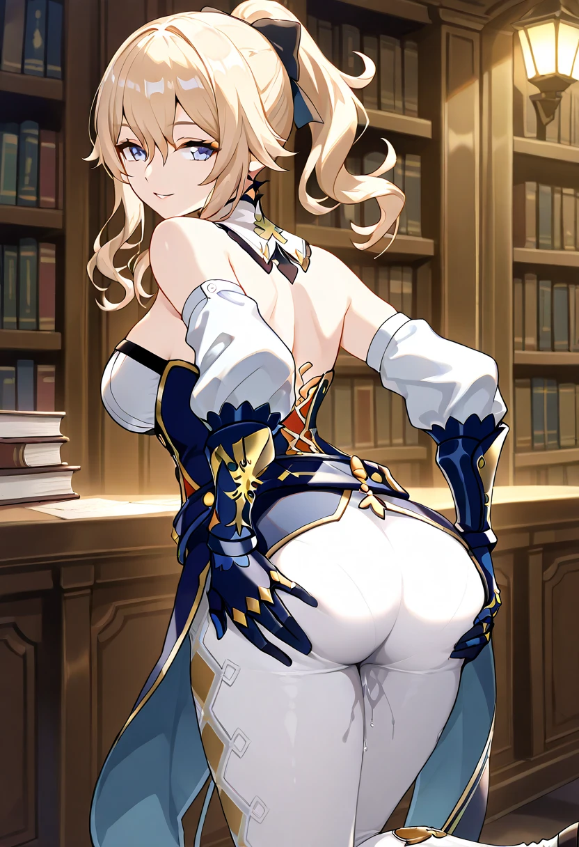 library, huge ass, Score_9, score_8_up, score_7_up, score_6_up, source_anime, rating:general, 1girl, beautiful woman, mature, beautiful body, curvy, corrupted, white skin, back view, showing the ass, hands on the ass, grabbing the ass, looking at viewer, excited, seductive look, seductive smile, slut, 1 girl, jean \(genshin impact\), breasts, blue eyes, blonde hair, long hair, hair between eyes, ponytail, gloves, bow, hair between eyes, ponytail, hair bow, sidelocks, belt, pants, detached collar, white pants, tight, Torn tights, torn pants, vagina, pussy juice, bare shoulders, boots, arousal, 8k, best quality, high quality, wallpaper