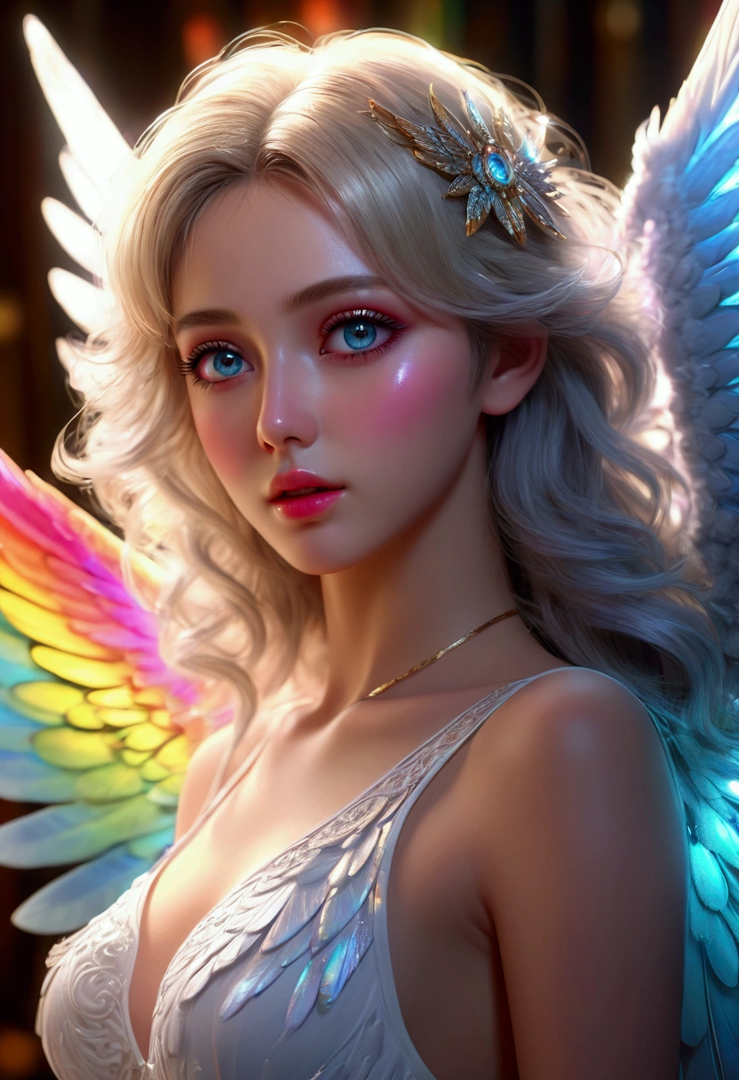 (best quality,4k,8k,highres,masterpiece:1.2),ultra-detailed,(realistic,photorealistic,photo-realistic:1.37),a girl with radiant blonde hair and piercing blue eyes, [angelic] wings spread wide, [delicate] facial features, [translucent, billowing chromatic silks [fluttering gracefully around her], chromatic butterfly wings shimmering in the moonlight, [luminous halo] above her head, [ethereal] glow surrounding her body, [celestial] energy emanating from her being, [starry sky] dotted with twinkling constellations, [magical atmosphere] filled with a sense of wonder, [soft, gentle breeze] rustling through the trees, [serene garden] with colorful blossoms and lush greenery, [enchanted] moon casting a soft glow on the scene, [seraphic] presence inspiring a feeling of awe and serenity, [golden rays of light] illuminating her path, [peaceful harmony] between nature and the divine.