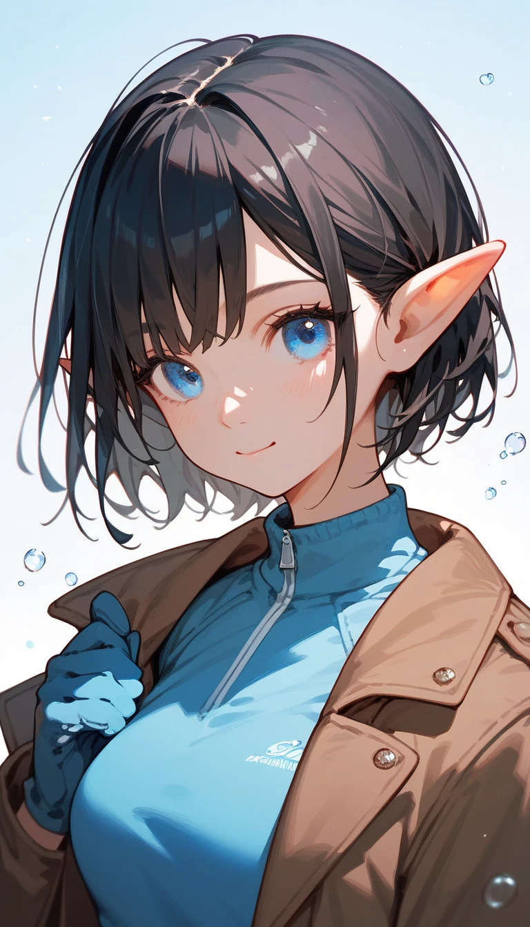 Elf,Short black hair,In blue eyes , wear gloves,Blue sweatshirt, Medium Bust ,Brown coat,cute,bob