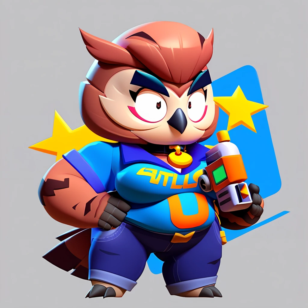 full body view of a brown owl, obese, anthropomorphic, bulging eyes. dressed in a blue polo shirt with a collar bearing the image of a bird and purple jeans with an orange line on the side. and a large breast with a gold owl's head. he is equipped with a lazer blaster in his right hand, brawl