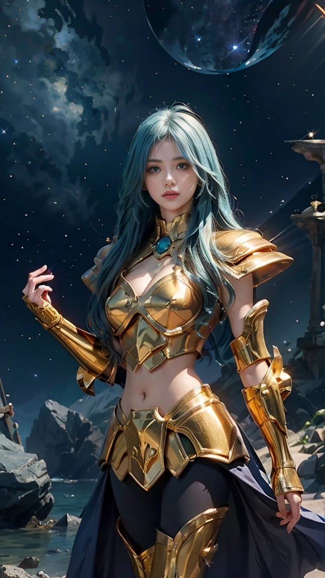 realistically， masterpiece， best quality， high resolution, 1 girl， is a perfect face，  Transparent vinyl that adheres to skin， Very long blue hair， green eyes， pale skin， Pisces， gold armor and white parts， armor，  line art ， low pitch， sharp focus， Octane Renderer，(starry sky background，)Standing on the gorgeous magic circle，exposed cleavage，exposed stomach，exposed thighs，exposed