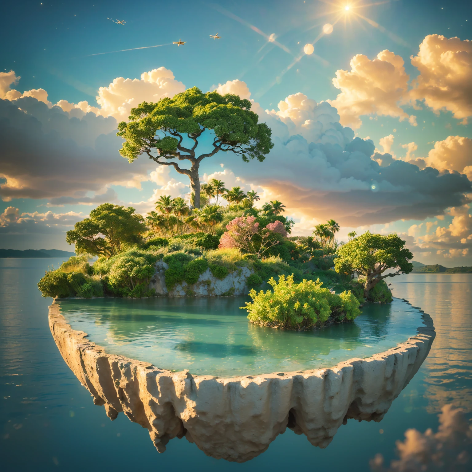 8K quality,(masterpiece:1.3), top quality, detailed images,unmanned,No bio,(There are no buildings,No artificial objects,Natural objects only ),Above the Clouds( Floating Small Island , small islands float , small islands rise ,Small islands fly in the sky , lots of islets floating, waterfall flowing from the small island ,There is a lake on a small island ),( only islets, water, clouds, and space ),(The sun is God 々Shining brightly, the stars are shining , evening gradation , and night gradation ,Golden Gradation ).