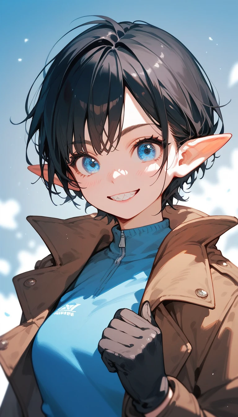 Elf,Short black hair,In blue eyes , wear gloves,Blue sweatshirt, Medium Bust ,Brown coat,cute,bob,Sharp face