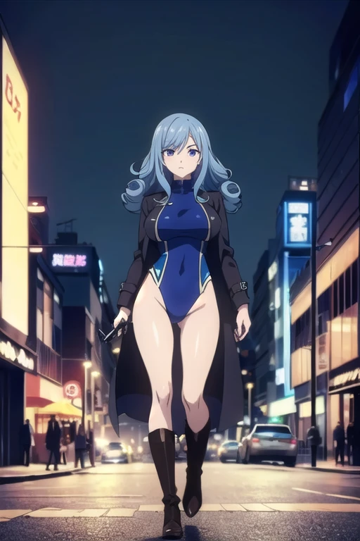 Juvia Lockser, blue eyes, blue hair, long curly hair, mature female, large breasts, Anime female character,  (stylish attire:1.2),  dark blue leotard, black leather trench coat,  black high boots , holding a handgun,  serious expression,  standing in a bustling city street scene,  (detailed urban cityscape:1.5),  facing the viewer,  slightly angled right,  full body shot from a slightly low angle,  vibrant Japanese city style,  vivid color palette with blues, blacks, and grays,  photorealistic anime style,  (strong lighting contrast:1,1),  high-detail character features,  (sharp focus on the character's body:1.2),  8k resolution,  retro anime aesthetic,  (dynamic composition:1.1),  detailed signs and vibrant city lights,  digital art,  urban setting.