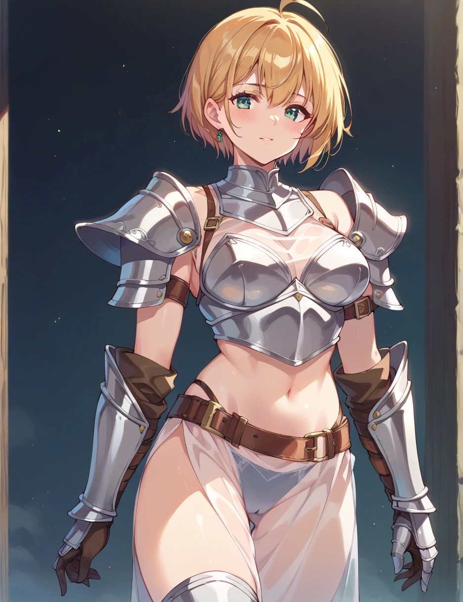 (masterpiece:1.2), (highest quality:1.2), perfect eyes, perfect face, perfect lighting, middle ages, sandy beach, 1 boy,blonde　red eye, ((((((hair over one eye)))))), Braid Styles, spiked hair, blunt bangs, bob hair, a braid, Ahoge, ((((white bikini armor)))), cute eyes, medium breast, glaring, closed mouth, ((from above)), ((front)), ((from below)), arms behind back, orgasm, scared, , (abs), ahegao, smile+happy, fang, (((brown skin))), Thighhighs, greaves, boots, spread legs, big breasts, ((((nude))))