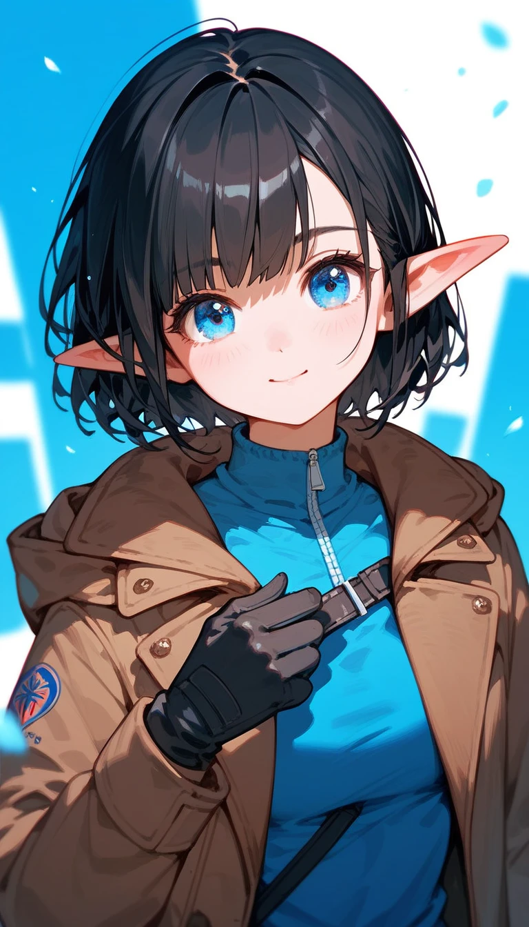 Elf,Short black hair,In blue eyes , wear gloves,Blue sweatshirt, Medium Bust ,Brown coat,cute,bob