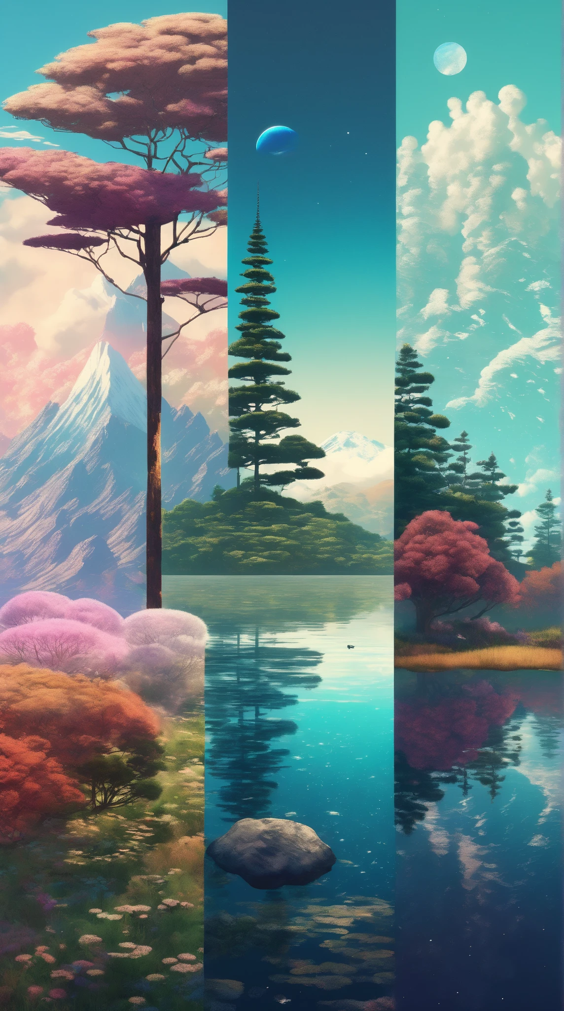 Vertical Landscapes - minimalist psychedelic nature collage art, clear, clean, high resolution, detailed, trending on artstation, Hiroshi Yoshida and Sylvain Sarrailh and N.C. Wyeth and Alena Aenami style