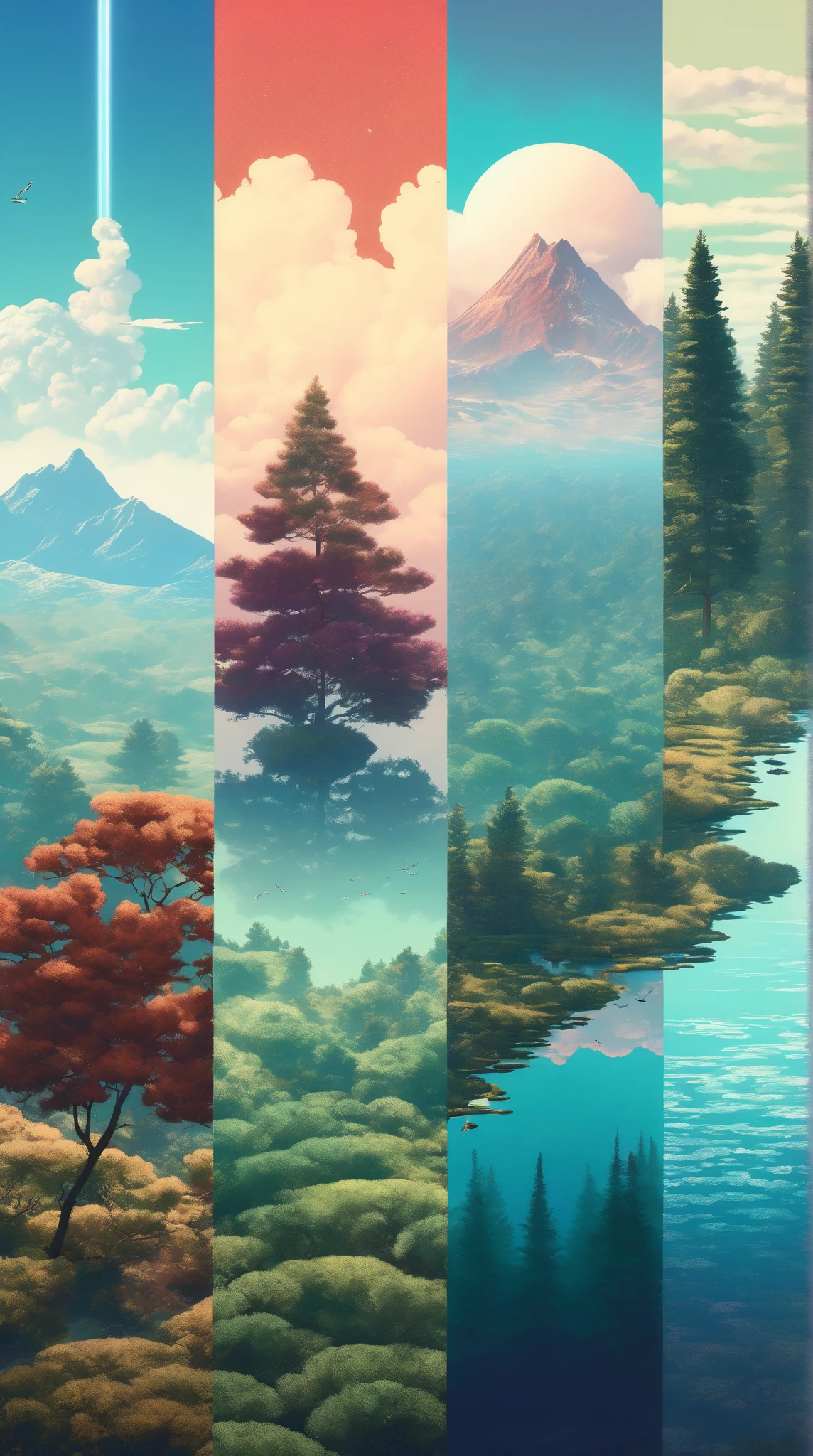 Vertical Landscapes - minimalist psychedelic nature collage art, clear, clean, high resolution, detailed, trending on artstation, Hiroshi Yoshida and Sylvain Sarrailh and N.C. Wyeth and Alena Aenami style