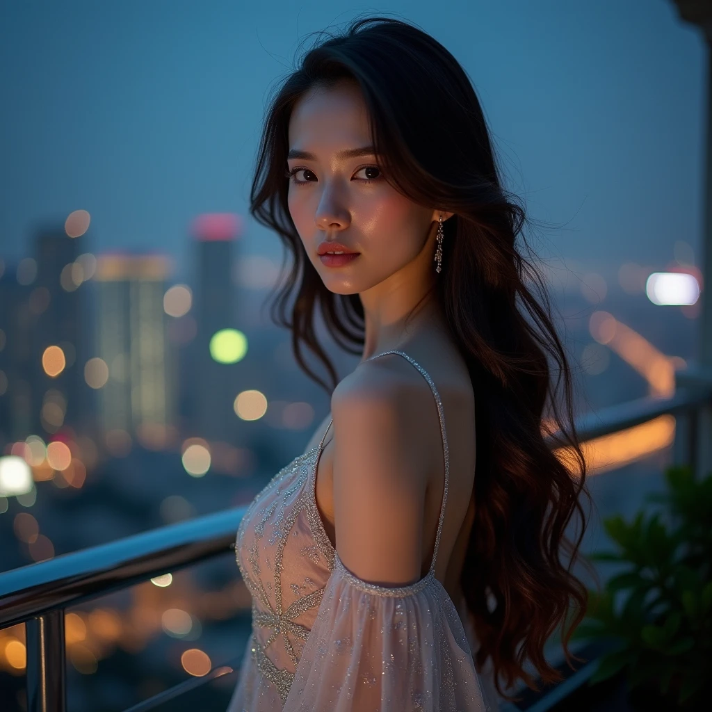 ((Masterpiece in maximum 16K resolution)), ((soft_color_photograpy)), ((Ultra-Detailed)), ((Movie-like still images and dynamic angles)), ((motion blur)), ((Ultra wide angle)), ((fisheye lens photo)). | ((A high-resolution, beautiful woman, wearing a fluttering nightgown, standing on a balcony, sunset sky, detailed facial features, long flowing hair, elegant pose)), ((fluttering night gown)), ((penthouse balcony)), ((motion blur)), ((supermodel beauty)), ((majestic beauty atmosphere), (shimmer), (visual experience), (Realism), (Realistic), award-winning graphics, dark shot, film grain, extremely detailed, Digital Art, rtx, Unreal Engine, scene concept anti glare effect, All captured with sharp focus. Rendered in ultra-high definition with UHD and retina quality, this masterpiece ensures anatomical correctness and textured skin with super detail. With a focus on high quality and accuracy, this award-winning portrayal captures every nuance in stunning 16k resolution, immersing viewers in its lifelike depiction. Avoid extreme angles or exaggerated expressions to maintain realism. ((perfect_composition, perfect_design, perfect_layout, perfect_detail, ultra_detailed)), ((enhance_all, fix_everything)), More Detail, Enhance.