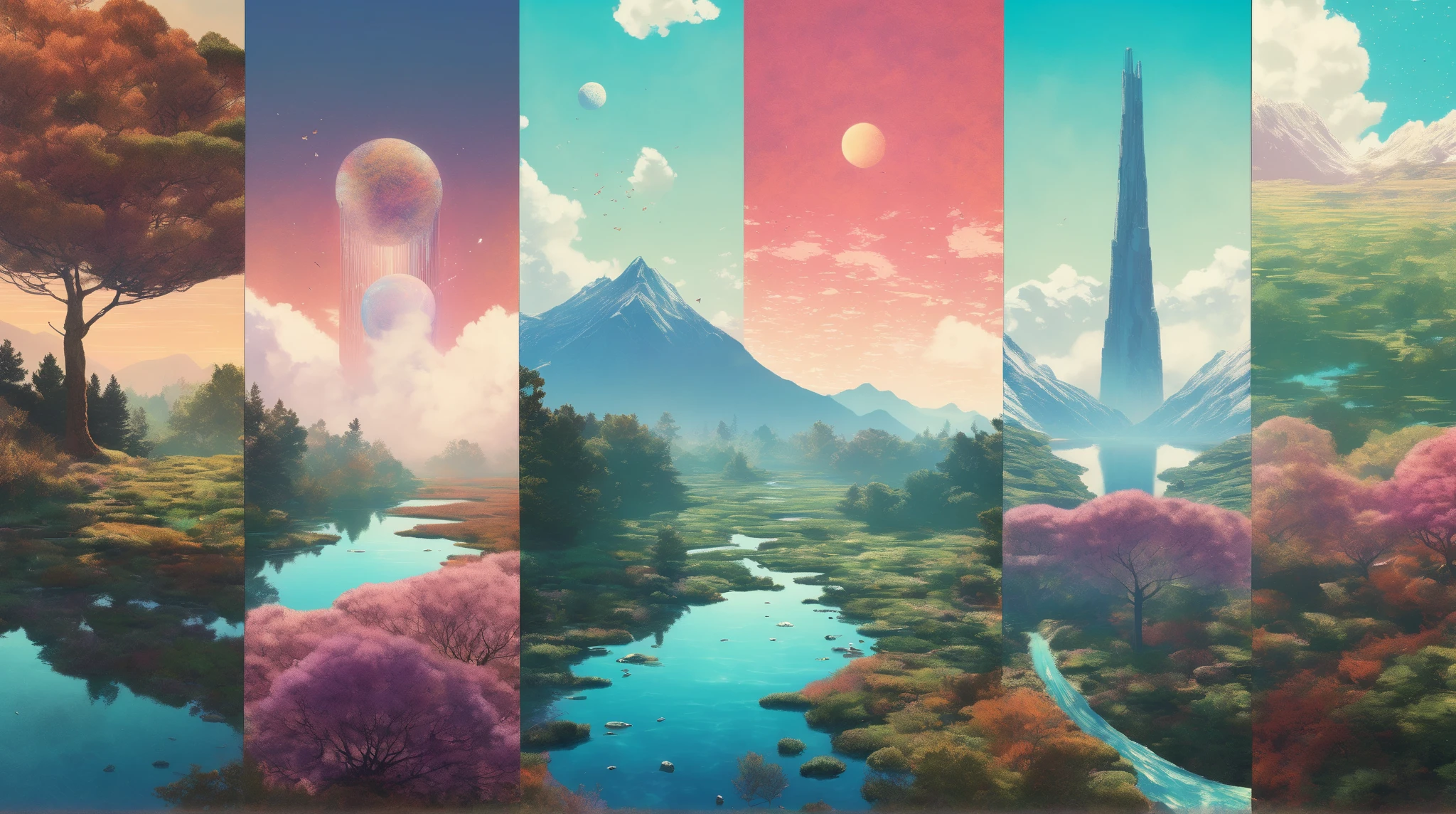 Vertical Landscapes - minimalist psychedelic nature collage art, clear, clean, high resolution, detailed, trending on artstation, Hiroshi Yoshida and Sylvain Sarrailh and N.C. Wyeth and Alena Aenami style