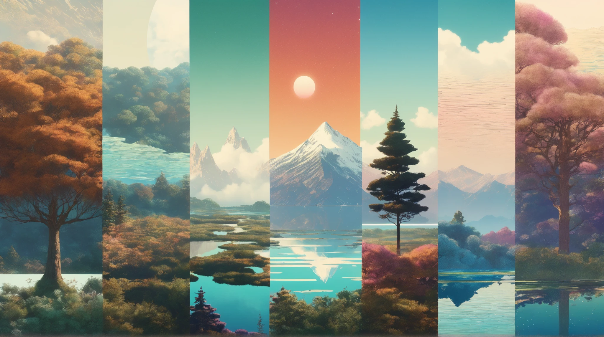 Vertical Landscapes - minimalist psychedelic nature collage art, clear, clean, high resolution, detailed, trending on artstation, Hiroshi Yoshida and Sylvain Sarrailh and N.C. Wyeth and Alena Aenami style