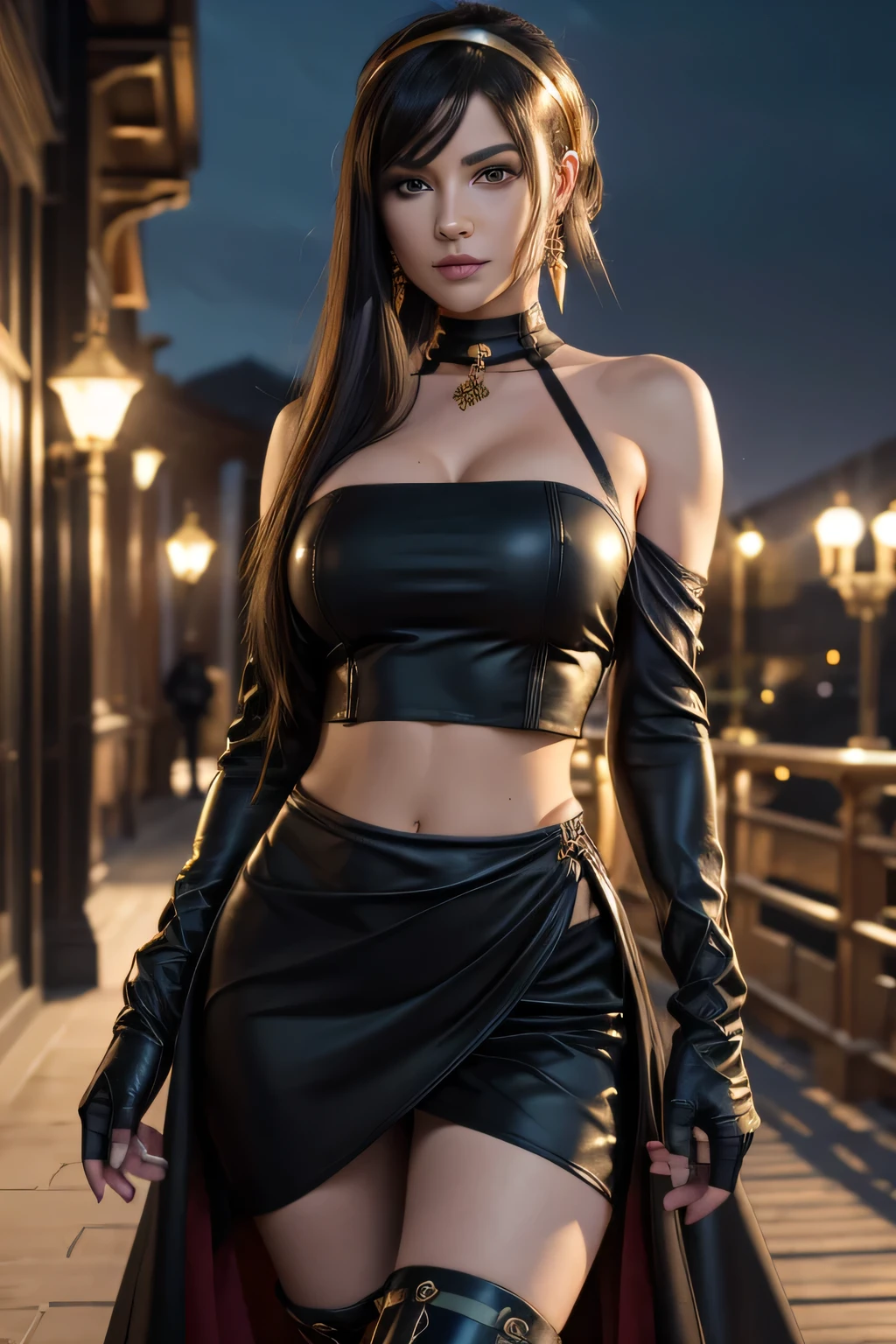 masterpiece, best quality, highres, aayorf, sidelocks, gold hairband, hair ornament, red eyes, gold earring, large breasts, choker, bare shoulders, black dress, two-sided dress, fingerless gloves, thigh boots, cowboy shot, standing, looking at viewer, outdoors, night, (((midriff exposed))) large waist 