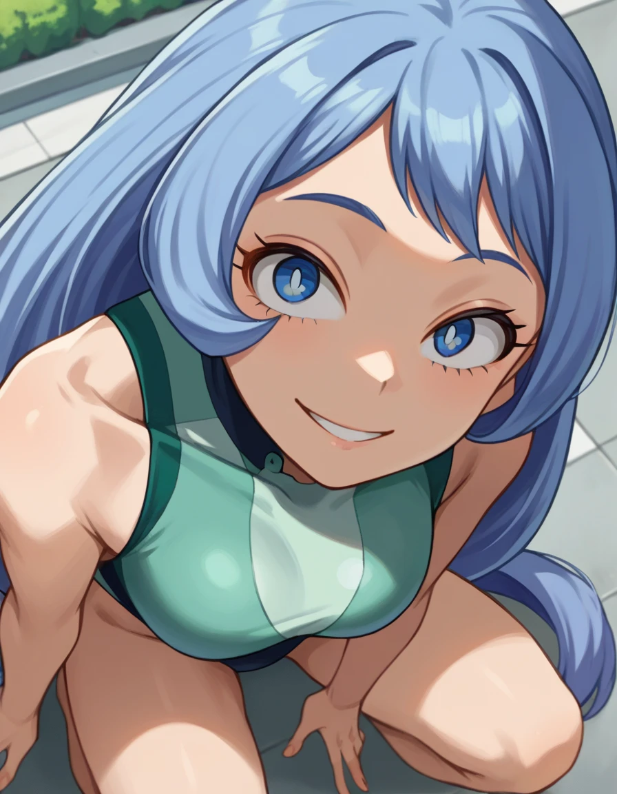  score_9,  score_8_above,  score_7_above, source_animated,
Nejirehadou, Nejire Hadou, Blue eyes,  blue hair,  long hair, smile,
tight blue bikini
outdoors, urban landscape, crouching,
 looking at the viewer ,  Dutch angle ,  gunman shot ,