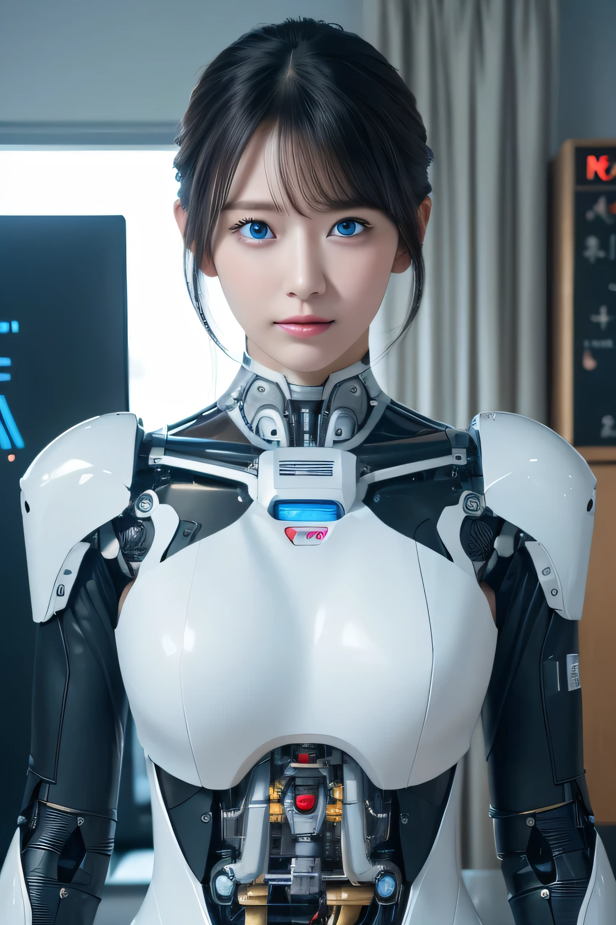 masterpiece, best quality, extremely detailed, 8K portrait,1girl in, Japaese android girl,android teacher,Plump , control panels,android,Droid,Mechanical Hand, ,Robot arms and legs, Black hair,Mechanical body,Blunt bangs,White Robotics Parts,perfect robot woman,Charging spot,perfect mechanical body,white robotics body,android assembly plant,white body,She has repaired,black sponge joints,android,laboratory,perfect machine body,white robot body,blue eyes, masterpiece, Best Quality, Illustration, Ultra-detailed, finely detail, hight resolution, 8K Wallpaper, Perfect dynamic composition, Beautiful detailed blue colored eyes, suits,Medium Hair, Natural Color Lip, Random and sexy poses,Smile,‎Classroom、20 years girl、20 years old, lifelike face、real looking skin、Realistic blue eyes、cute little, robotic neck, robotic arms and legs, deep blue eyes, career woman robot, robot girl, cyborg, control panels, control monitor in chest, 8K, RAW photos, Best quality, Masterpiece: 1.2),(best qualtiy，8K, Yes，32K，masterpiece，hyper HD：1.2) , Generate a highly detailed and realistic 4K description of a robot woman in a career suit, emphasizing every detail, from her attire to the surrounding environment, skinny body, perfect body, beautifull face, asian face, glowing skin, cyborg girl, deep blue eyes, android robot, mechanical details, korean robot girl, robotic chest, add chest monitor, perfect blue eyes, control panels, korean android woman,perfect robot girl,long tube,thick cable connected her neck,android,robot,humanoid,cyborg, korean cyborg girl,chest monitor