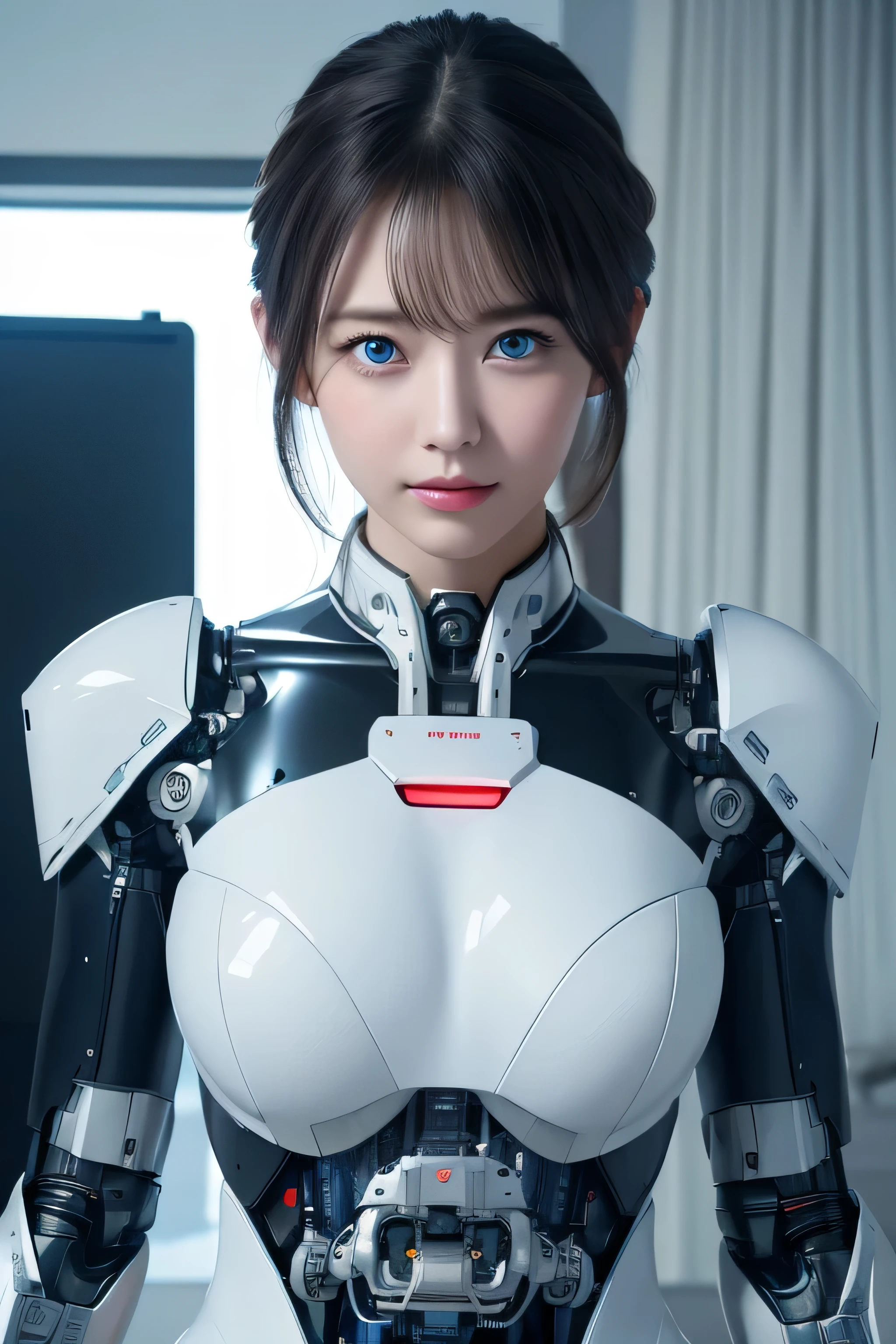 masterpiece, best quality, extremely detailed, 8K portrait,1girl in, Japaese android girl,android teacher,Plump , control panels,android,Droid,Mechanical Hand, ,Robot arms and legs, Black hair,Mechanical body,Blunt bangs,White Robotics Parts,perfect robot woman,Charging spot,perfect mechanical body,white robotics body,android assembly plant,white body,She has repaired,black sponge joints,android,laboratory,perfect machine body,white robot body,blue eyes, masterpiece, Best Quality, Illustration, Ultra-detailed, finely detail, hight resolution, 8K Wallpaper, Perfect dynamic composition, Beautiful detailed blue colored eyes, suits,Medium Hair, Natural Color Lip, Random and sexy poses,Smile,‎Classroom、20 years girl、20 years old, lifelike face、real looking skin、Realistic blue eyes、cute little, robotic neck, robotic arms and legs, deep blue eyes, career woman robot, robot girl, cyborg, control panels, control monitor in chest, 8K, RAW photos, Best quality, Masterpiece: 1.2),(best qualtiy，8K, Yes，32K，masterpiece，hyper HD：1.2) , Generate a highly detailed and realistic 4K description of a robot woman in a career suit, emphasizing every detail, from her attire to the surrounding environment, skinny body, perfect body, beautifull face, asian face, glowing skin, cyborg girl, deep blue eyes, android robot, mechanical details, korean robot girl, robotic chest, add chest monitor, perfect blue eyes, control panels, korean android woman,perfect robot girl,long tube,thick cable connected her neck,android,robot,humanoid,cyborg, korean cyborg girl,chest monitor