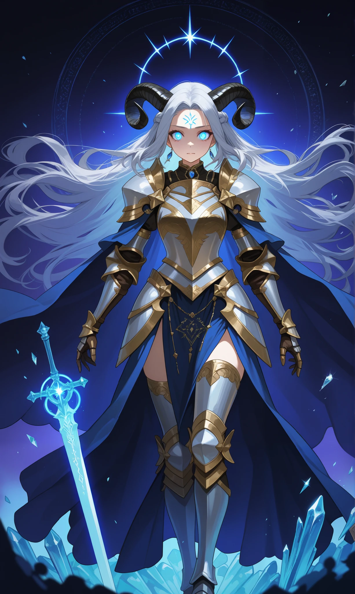 A stunning anime-style warrior woman, standing confidently with a mystical aura. She has long, flowing hair (gradient of dark blue and silver), sharp, expressive eyes glowing faintly, and slightly non-human features (horns resembling crystal shards, a glowing mark on her forehead). Her armor is intricate and highly detailed, combining medieval plate armor with elegant fantasy elements, adorned with gold and azure accents. She wields a massive sword imbued with glowing runes, and a flowing cape with celestial patterns (stars and galaxies). The scene is set in a mystical battlefield at twilight, with glowing embers floating in the air. Ultra-high detail in facial features, body proportions, and textures, emphasizing her beauty and strength. The artwork includes soft lighting, dramatic shading, and vibrant colors, making her stand out as a protagonist in a fantasy RPG world.