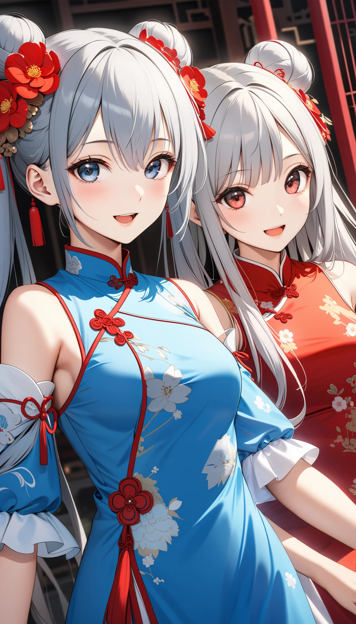 High resolution, 2 women, hip up, beautiful eyes, Ring-shaped eyes, jewelry, tattoo, Hanfu, chinese fairy, taoist uniform、cleavage、smile、