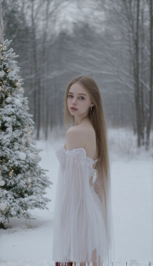 (( Huntress girl))holding a rifle in snow battle pose,long red hair,((white sheer micro dress)), sheer dress, snows,Cold,4K,Detailed,Realistic, ((age 3)American, beautiful, beautiful face