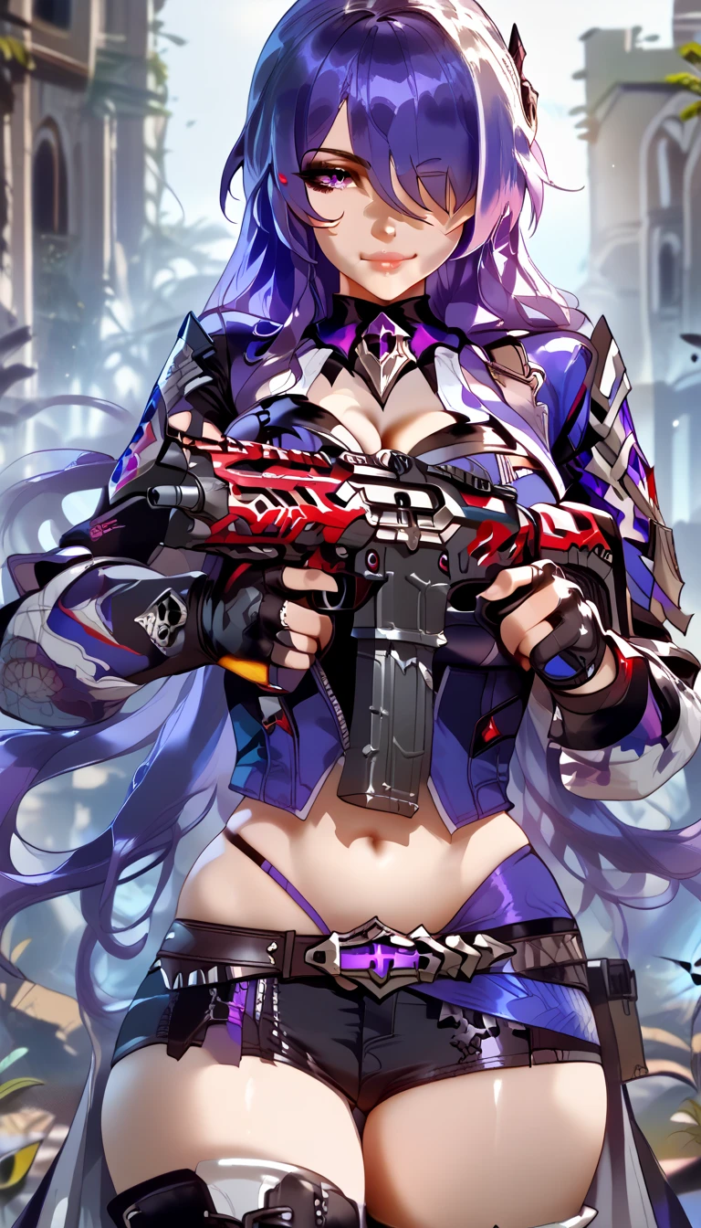 1girl, acheronrnd, (masterpiece)), (best quality), (highres), 16K, long hair, hair over one eye, purple hair, purple eyes, wearing tactical clothes, wearing black thong, gloves, tactical belt, thigh boots, busty body, large breasts and a beautiful ass, showcasing cleavage, legs, hips, (holding assault rifle), looking at viewer, smile, detailed face, detailed hair, detailed full body, thigh details, ruins background