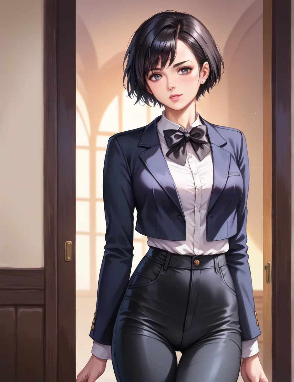 (masterpiece:1.3), (8k,  realistic ,  RAW photo,  top quality: 1.4), (1 person),  beautiful face, ( realistic  Face), ( black hair,  short hair:1.3),  beautiful hairstyle showing above the thigh,  realistic  eyes, beautiful attention to detail, ( realistic  Skin), Beautiful skin, Black cropped blazer， white shirt， Black Trousers ， black bow tie ,  absurd, charm,  super high resolution,  super real ,  very detailed, Golden Ratio、



