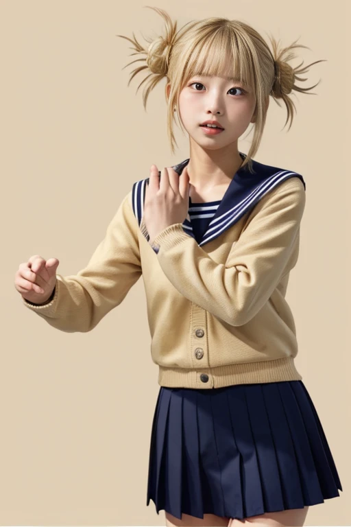 toga himiko,masterpiece, supper fine illustration, Correct human body, Correct number of arms,The correct number of fingers, Blonde,  twin tails, girl,beige sailor suit, black yellow background , navy blue skirt with shirasu,I have a knife, Moving Scenes ,