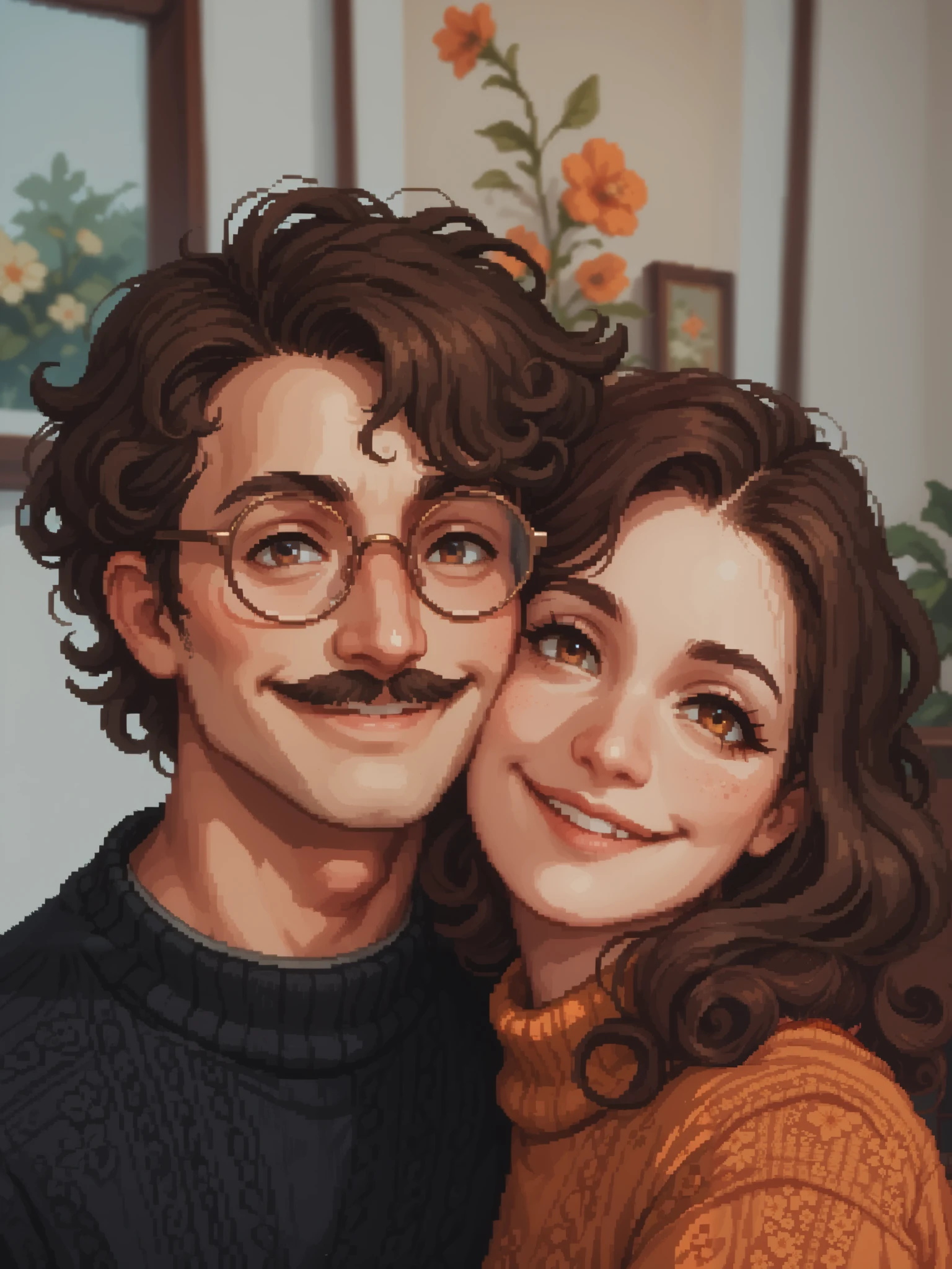 create a 8-bit pixel art cartoon of A cozy and intimate portrait of a young couple indoors, radiating warmth and affection. The man has curly dark hair, a light mustache, and wears round glasses with a black knit sweater, giving a thoughtful and artistic vibe. The woman has wavy brown hair, a natural smile, and is dressed in a burnt orange turtleneck sweater. They are leaning closely together with soft, happy expressions. The background features framed artwork with floral designs and a neutral color palette, adding a comfortable and homely atmosphere to the scene.