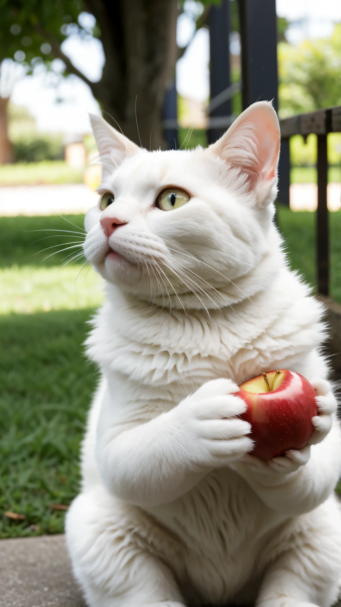 white cat eating an apple