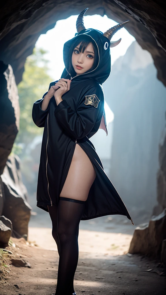 School at night, dark hallways, long cloak with hood over naked、 girl, collar, shyly looking down, embarrassed 、arms behind back 、big breasts, beautiful nipples, highest quality, 22year old beautiful woman, bdsm, ((bondage,)), masterpiece, highest quality, slave, sexual bondage, torture, shame,