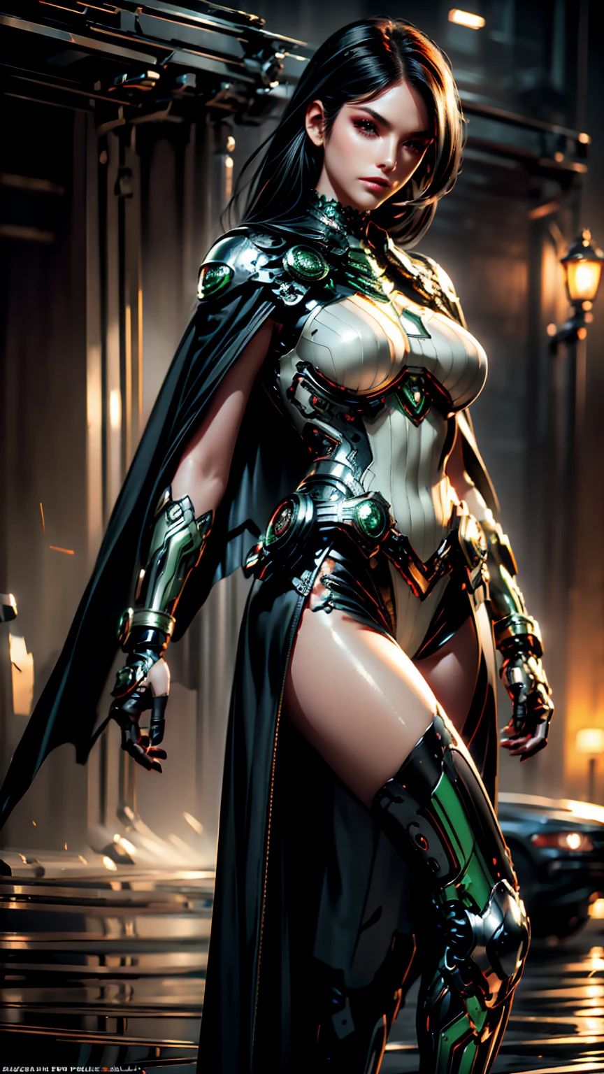 A BUSTY SEXY FEMALE WITH MEDIUM LONG MESSY BLACK HAIR, DREAMY GREEN EYES, WEARING A ONE PIECE BLACK SUPERGIRL TOP WITH A BIG SHINY SILVER "S" EMBLEM ON HER CHEST, A PLEATED SHORT BLACK SKIRT WITH A SILVER LEATHER BELT, LONG BLACK BOOTS WITH SILVER TRIM, AND A LONG BLACK CAPE. RED LIPSTICK, RED FINGERNAILS. INCREDIBLY DETAILED GLOWING SKIN, INCREDIBLEY DETAILED FACE, INCREDIDBLEY DETAILED CLOTHING, TEXTURED SKIN PORES, TEXTURED HAIR, 8K ABSURD RESOLUTION, MASTERPIECE. PHOTO REALSITIC, HYPER REALISTIC. CHAOTIC BACKGROUND. 16K RESOLUTION. PREFESSIONAL GRADE IMAGE.