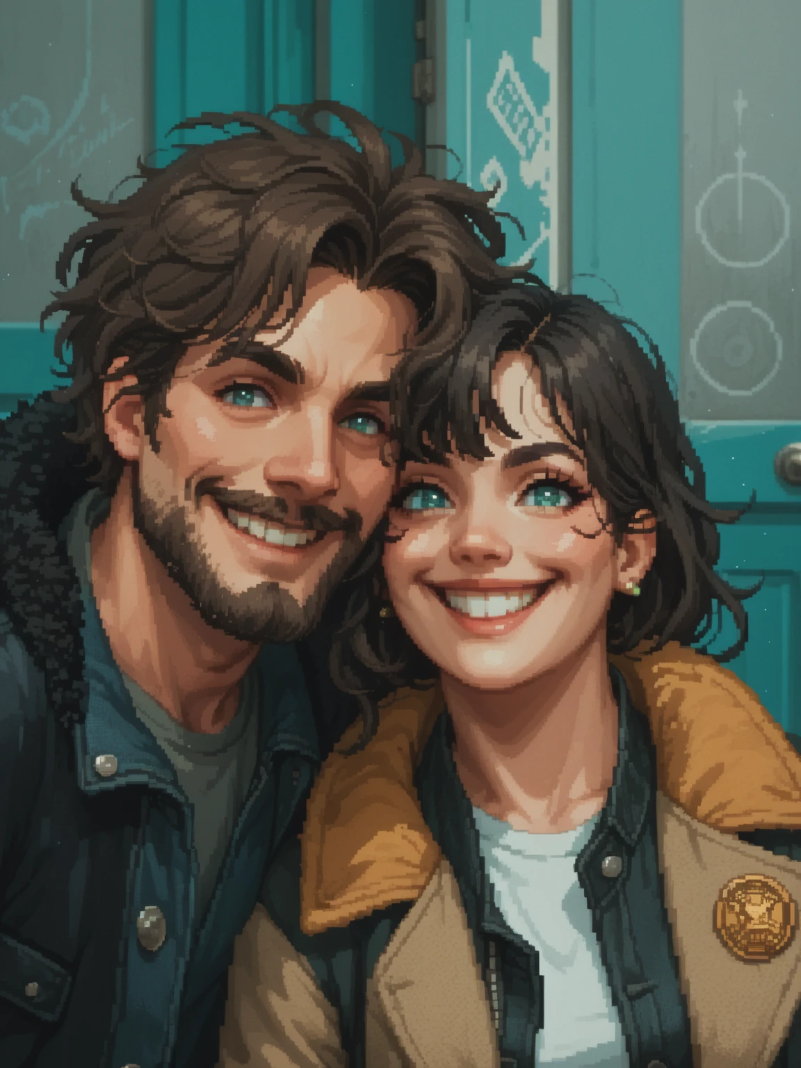 create a 8-bit pixel art cartoon of A lively and stylish portrait of a young couple smiling warmly in front of a weathered turquoise door with graffiti. The man has long, tousled dark hair, a beard, and is wearing a denim jacket layered with a cozy, dark coat, exuding a relaxed and rugged look. The woman has short, wavy dark hair, bright eyes, and a cheerful smile, dressed in a leather jacket with a tan shearling lining and a white t-shirt, combining casual and chic. The vibrant background and their carefree expressions create an energetic and modern atmosphere.