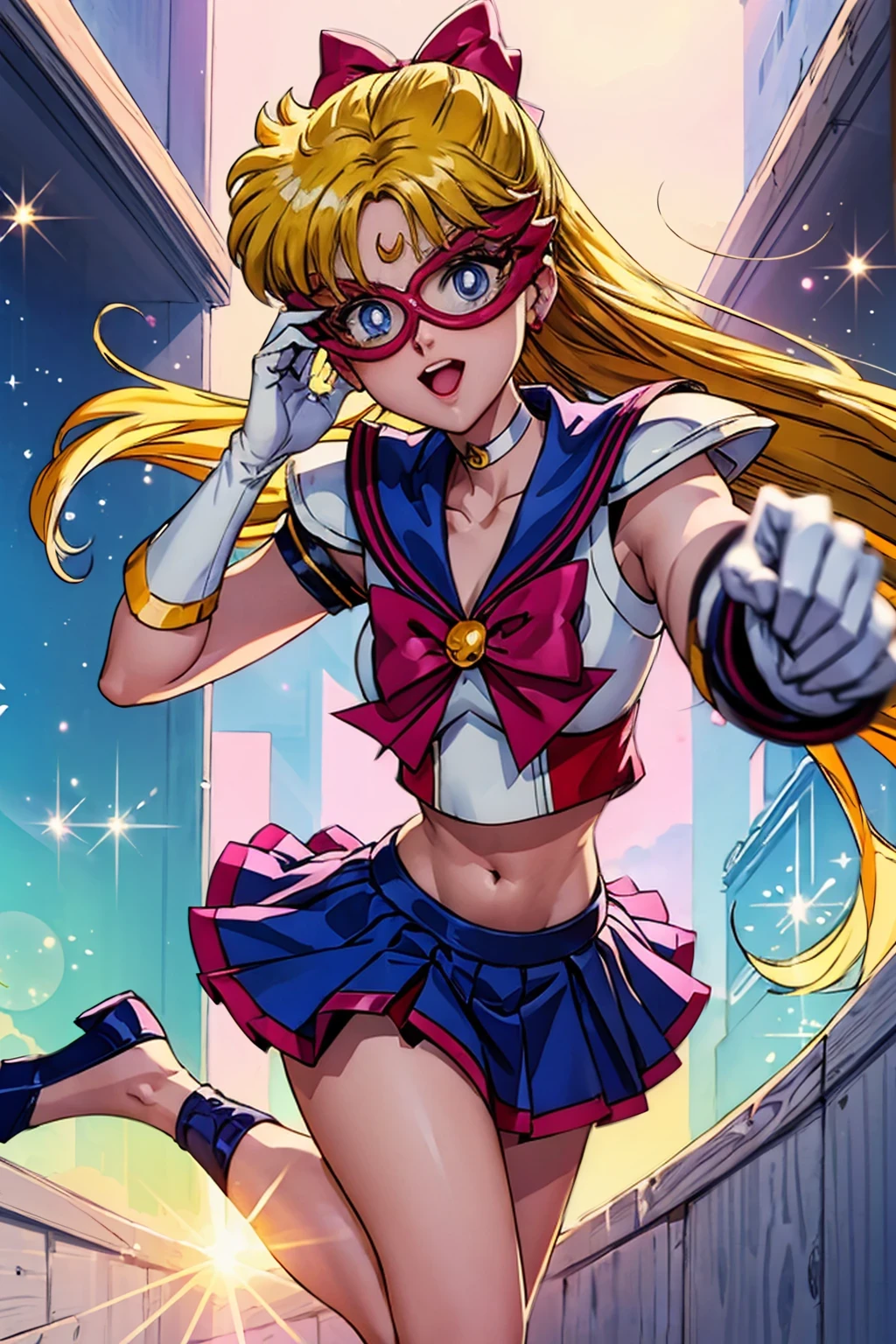 (masterpiece,highest quality,Super detailed,8k,High resolution,an extremely delicate and beautiful,Official Art,Perfect Anatomy:1.5),((90s anime,90s anime style,Cel-shaded anime,anime screencap,anime coloring:1.25)),(solo:1.5), perfect face,beautiful,sexy,athletic body,shiny skin,(EPTakeuchiNaokoStyle:1.7),((sailorv:1.52)),(mask:1.7), blonde hair, long hair, hair bow, blue eyes, crescent facial mark, forehead mark, earrings magical girl, sailor senshi uniform, white choker, crop top, red bow, jewelry, midriff, navel, white gloves, blue skirt, miniskirt, blue high heels (dynamic boxing pose:1.25), Strong lighting,born,Color Theme Red, dramatic light, (Expression of joy:1.4),magician, spell magic, magic circle, ((Magic in the hands)),(Use Fire Magic:1.14),Fire Magic, Imaginative Overlays, Artistic Fusion,Fantastic scene, moving story, Impressive visuals, (Shining Eyes),blends well with the eye,blends well with the eye,Eye focus,(Carefully crafted brilliance, Lens flare:1.7),(Expressions of joy:1.51),Octane Rendering,Rainbow Paint Drops,Woman made of paint,Full Paint,(Movie Background),Splat,splash,Dark and blurry background,close,(Best writing, Very delicate and beautiful),Beautiful sparkle in every detail,(Soft Light:1.2),(soft money tone lighting),W腕 and Soft Lighting,dramatic light,((Cinematic Light)),Ambient Occlusion,Zhou Xianguang,Intense,powerful,Absolutely eye-catching splashes of color,((caustic)),ray tracing reflection,The light shines,morning,