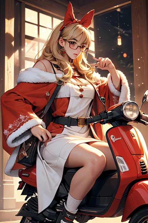 (( top quality)), ((傑 top quality、masterpiece、High sensitivity、 high definition 、 Details、 Delicate Facial Description)), Slender woman、Glasses、 Santa Claus、Vespa、Straddle、