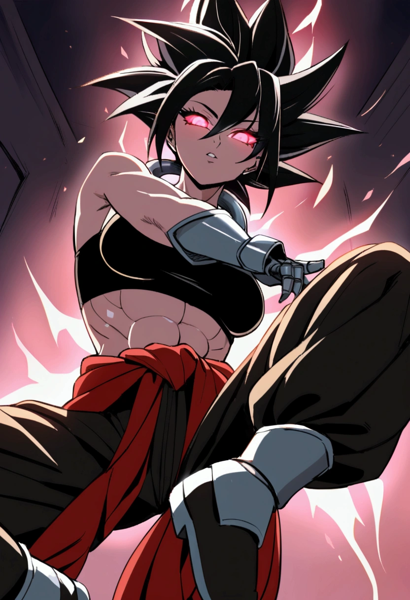 vegetto, 1 sexy girl, spiked hair, potara, white gloves, big tits, big ass, tight suit, victory pose, thin hips, looking at viewer, front view., vegetto, spiked hair, potara, white gloves(( big breasts) ((beach)) ((black hair)) (((detail fingers))