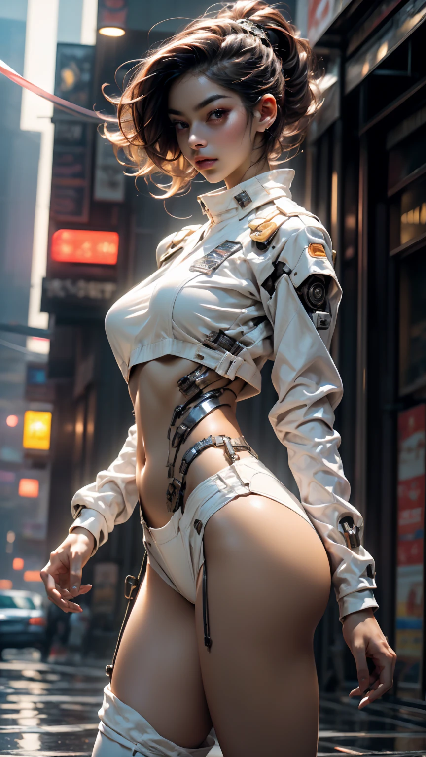 (best quality,4k,8k,highres,masterpiece:1.2),ultra-detailed,(realistic,photorealistic,photo-realistic:1.37), a heavily armed female android modeled after a terrifying demonic appearance, evil android, dark futuristic science fiction, hyper-detailed, cinematic lighting, dramatic chiaroscuro, muted color palette, intricate mechanical details, ominous atmosphere, intimidating presence, mechanical limbs, glowing red eyes, sharp fangs, sinister expression, advanced weaponry, cyberpunk, dystopian, moody（（perfect figure，figure，long sleeves, japanese clothes, kimono, haori, black kimono, hakama, black hakama,（（（isane kotetsu, short hair, braid, white hair, (purple eyes:1.1), hair braid, ））），（（（wide hips））），S-type figure:1.7））），((masterpiece)),high resolution, ((Best quality at best))，masterpiece，quality，Best quality，（（（ Exquisite facial features，looking at the audience,There is light in the eyes，blush，Happy））），（（（Interlacing of light and shadow， ））），（（（huge perky breasts, thick thighs, curvy figure [long braided hair][kneeling on floor, spreading legs wide open]