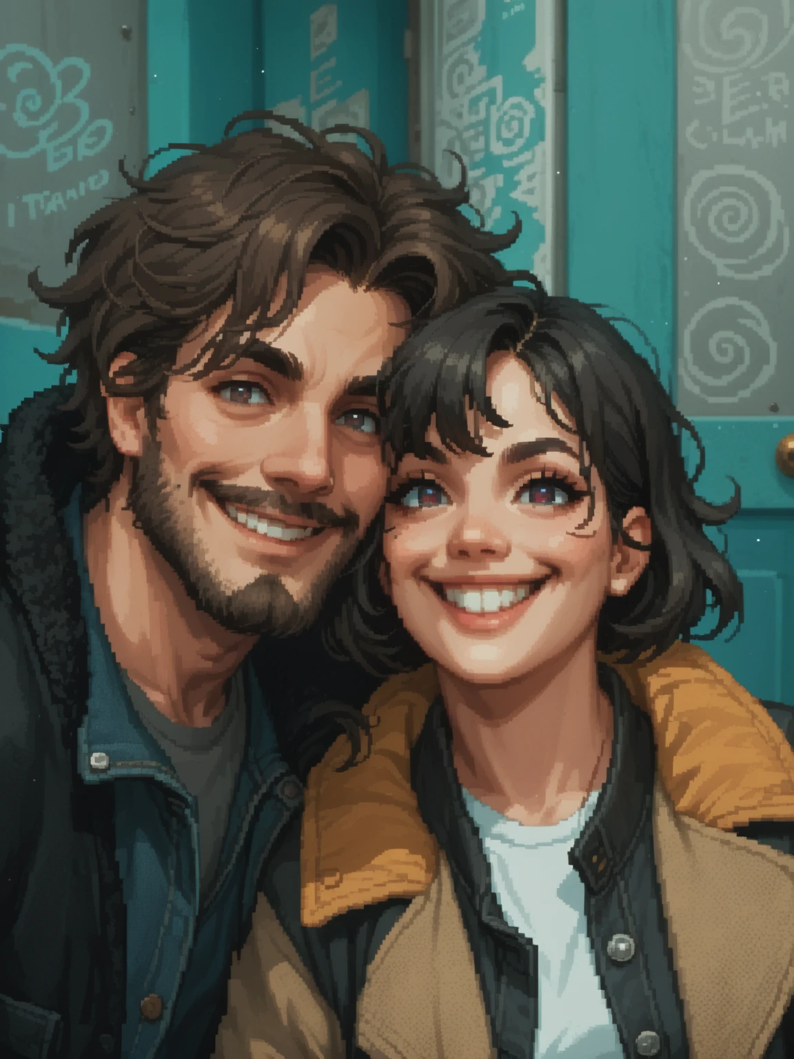 create a 8-bit pixel art cartoon of A lively and stylish portrait of a young couple smiling warmly in front of a weathered turquoise door with graffiti. The man has long, dark eyes, tousled dark hair, a beard, and is wearing a denim jacket layered with a cozy, dark coat, exuding a relaxed and rugged look. The woman has short, wavy dark hair, dark eyes, bright eyes, and a cheerful smile, dressed in a leather jacket with a tan shearling lining and a white t-shirt, combining casual and chic. The vibrant background and their carefree expressions create an energetic and modern atmosphere.