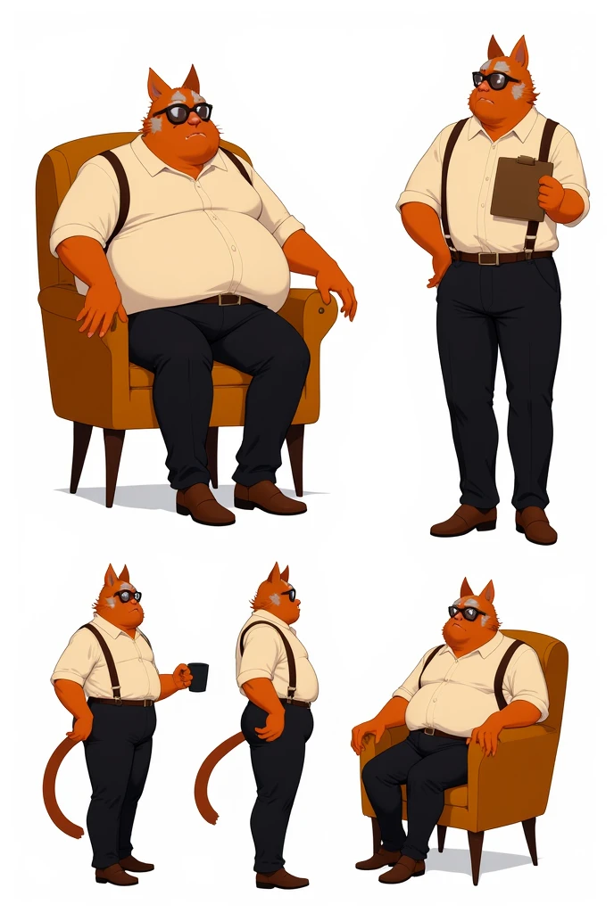 Develop a character sheet for Jousef, a middle-aged, rotund humanoid cat who owns a TV channel, in a bold, clean, and simple outline style for a webtoon comic. Jousef has warm brown fur with lighter beige streaks on his face and hands, slightly graying to indicate age. His round glasses often sit askew, and his build is stout and stocky, reflecting a mix of authority and comfort.

Outfit details: A crumpled beige shirt with dark-brown suspenders, black trousers, and loafers. Accessories include a coffee mug, clipboard, and background elements of a cluttered desk.

Character sheet layout:

Front view of Jousef seated in a plush chair, holding a coffee mug.
Side and back views emphasizing his stout figure, drooping tail, and relaxed posture.
Close-up expressions: grumpy, stern, amused, and thoughtful.
Add texture to his suspenders and slight wrinkles on his shirt for realism.