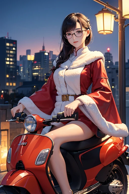 (( top quality)), ((傑 top quality、masterpiece、High sensitivity、 high definition 、 Details、 Delicate Facial Description)), Slender woman、Glasses、 Santa Claus、Vespa、Straddle、Night City、