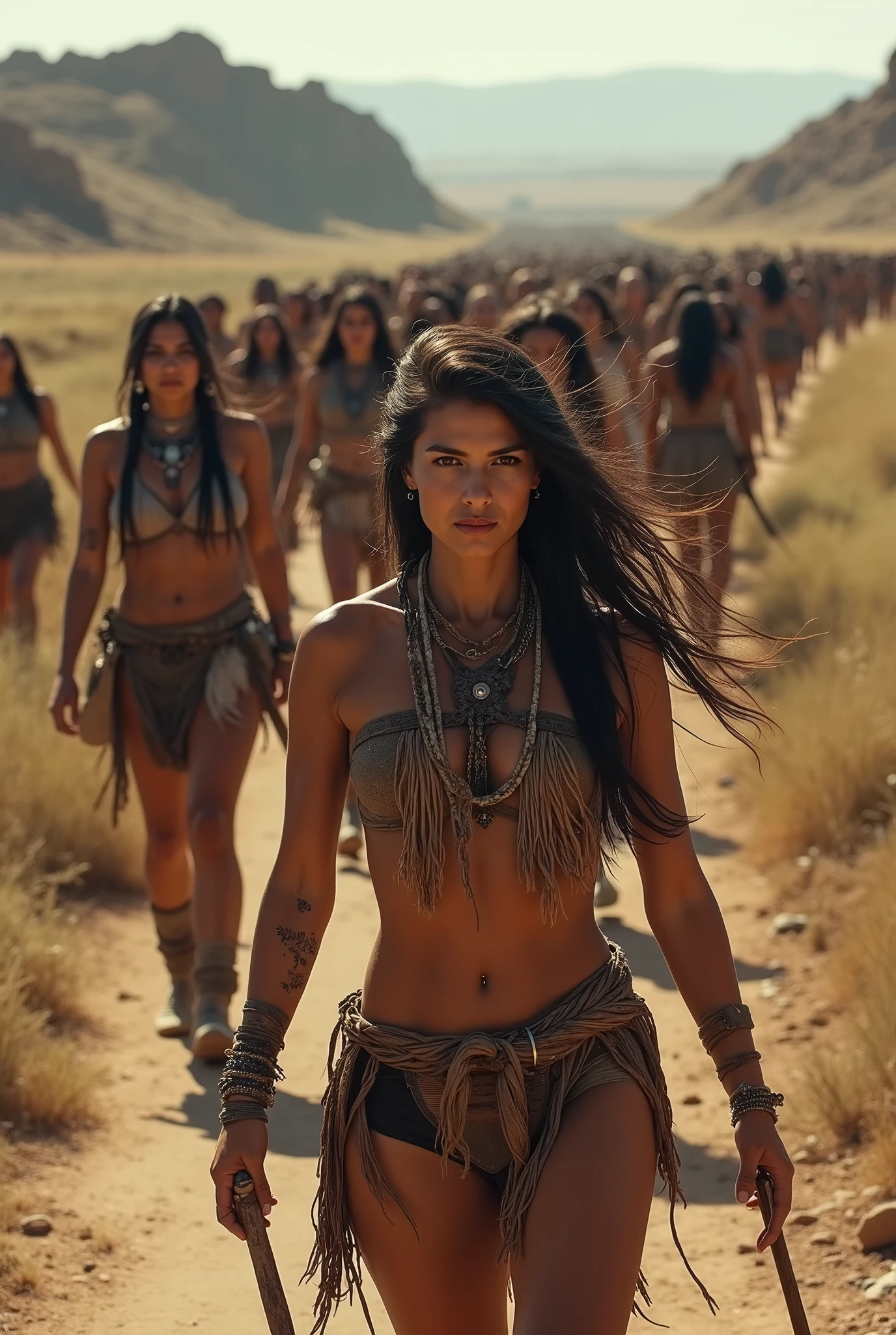 Brave Amazon Warriors, defying societal norms, ancient Scythia, simple yet strong clothing made of natural materials, open fields under a clear sky, living freely and joyfully, wide shot, hyper-realistic, photo realism, cinematography --ar 9:16.