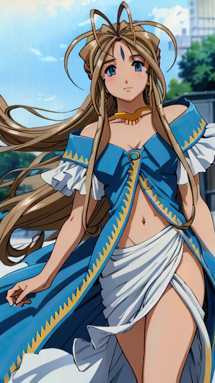 Belldandy goddess blue eyes big hair medium breasts abdomen healed thick thighs panties blue thighs panties sexy blue bra blue in the lake walking forward thick thighs