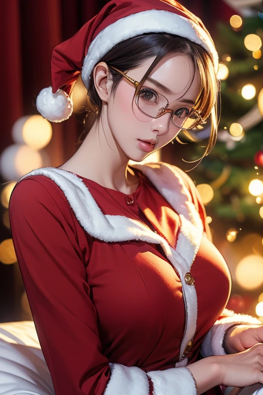 (( top quality)), ((傑 top quality、masterpiece、High sensitivity、 high definition 、 Details、 Delicate Facial Description)), Slender woman、Glasses、 Santa Claus、Vespa、Straddle、