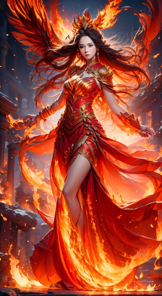 a woman with red and blue wings standing in front of a red and blue background, 4k fantasy art, epic fantasy art style hd, 2. 5 d cgi anime fantasy artwork, a beautiful fantasy empress, by Yang J, the butterfly goddess of fire, appears as the fire goddess, epic fantasy digital art style, anime fantasy artwork, unreal engine fantasy art "An awe-inspiring goddess with fiery, phoenix-like wings spreads them dramatically, filling the scene with radiant energy and vibrant colors. She has a commanding presence, wearing a flowing red and gold outfit adorned with intricate metallic armor and ornate patterns. Her crown, resembling golden flames, radiates an aura of divine power. Her long, dark hair cascades around her shoulders, blending with the fiery glow of her surroundings. The background is a fantastical, otherworldly landscape filled with glowing embers, swirling fire, and ethereal light, evoking a sense of celestial power and mysticism. The atmosphere is both majestic and intense, with warm hues of red, orange, and gold dominating the scene, contrasted by soft purples and blues. The overall style is highly detailed and dynamic, with a fantasy art aesthetic inspired by epic mythological tales."