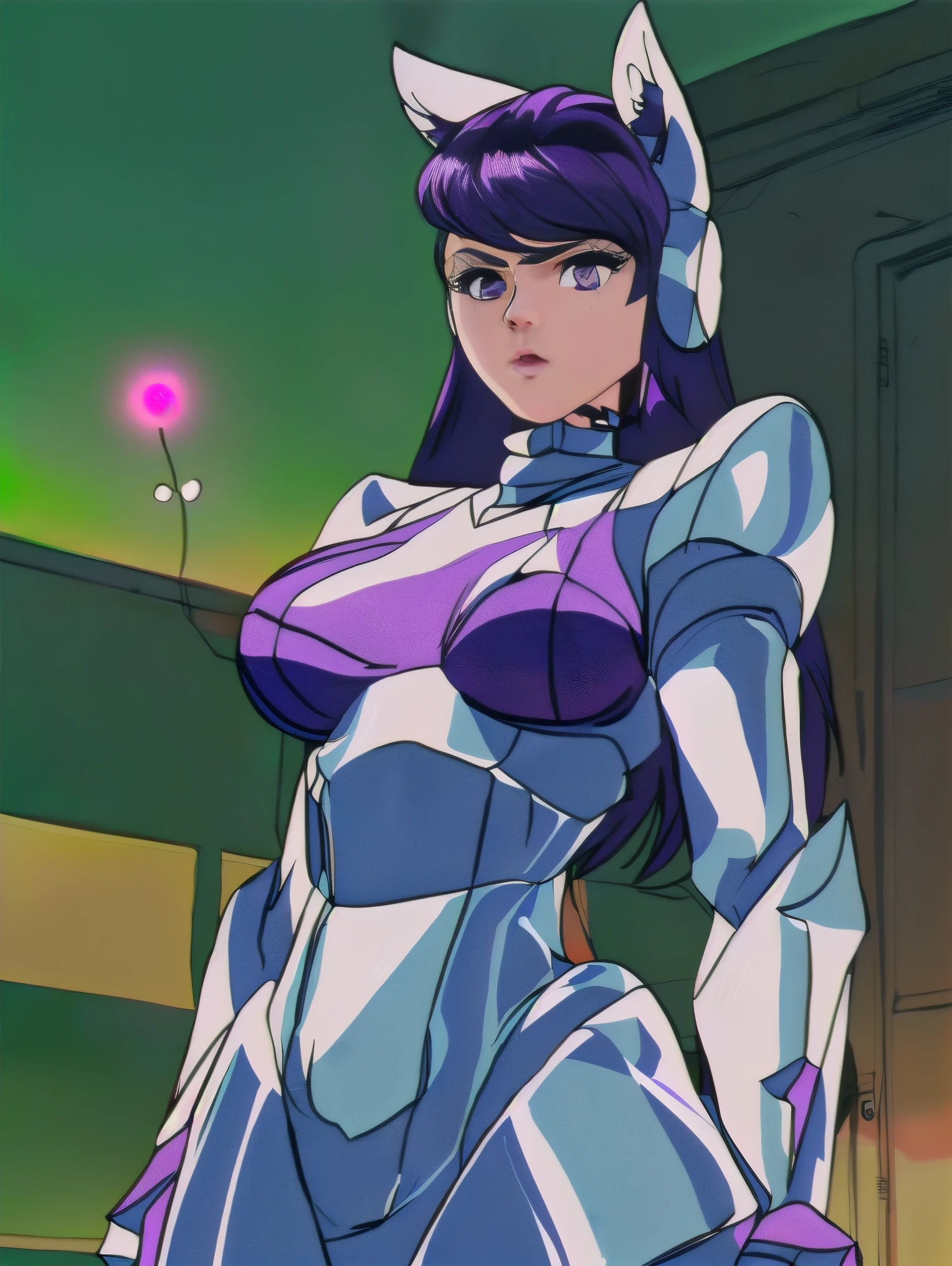 ultra detailed of a woman cyborg, 1girl, (natural skin texture, realistic eye details:1.2) animatronic, alone, breasts, purple eyes, purple hair, reploid, long hair, robot ears, artwork, high quality, hypnotized, standing at attention