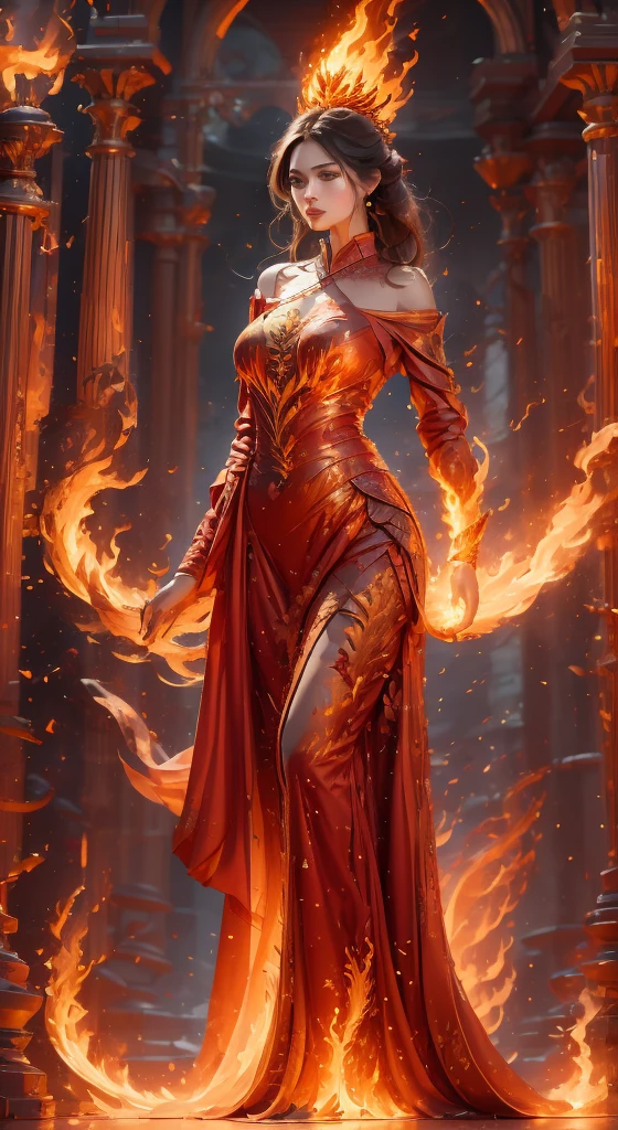 a woman with red and blue wings standing in front of a red and blue background, 4k fantasy art, epic fantasy art style hd, 2. 5 d cgi anime fantasy artwork, a beautiful fantasy empress, by Yang J, the butterfly goddess of fire, appears as the fire goddess, epic fantasy digital art style, anime fantasy artwork, unreal engine fantasy art "An awe-inspiring goddess with fiery, phoenix-like wings spreads them dramatically, filling the scene with radiant energy and vibrant colors. She has a commanding presence, wearing a flowing red and gold outfit adorned with intricate metallic armor and ornate patterns. Her crown, resembling golden flames, radiates an aura of divine power. Her long, dark hair cascades around her shoulders, blending with the fiery glow of her surroundings. The background is a fantastical, otherworldly landscape filled with glowing embers, swirling fire, and ethereal light, evoking a sense of celestial power and mysticism. The atmosphere is both majestic and intense, with warm hues of red, orange, and gold dominating the scene, contrasted by soft purples and blues. The overall style is highly detailed and dynamic, with a fantasy art aesthetic inspired by epic mythological tales."