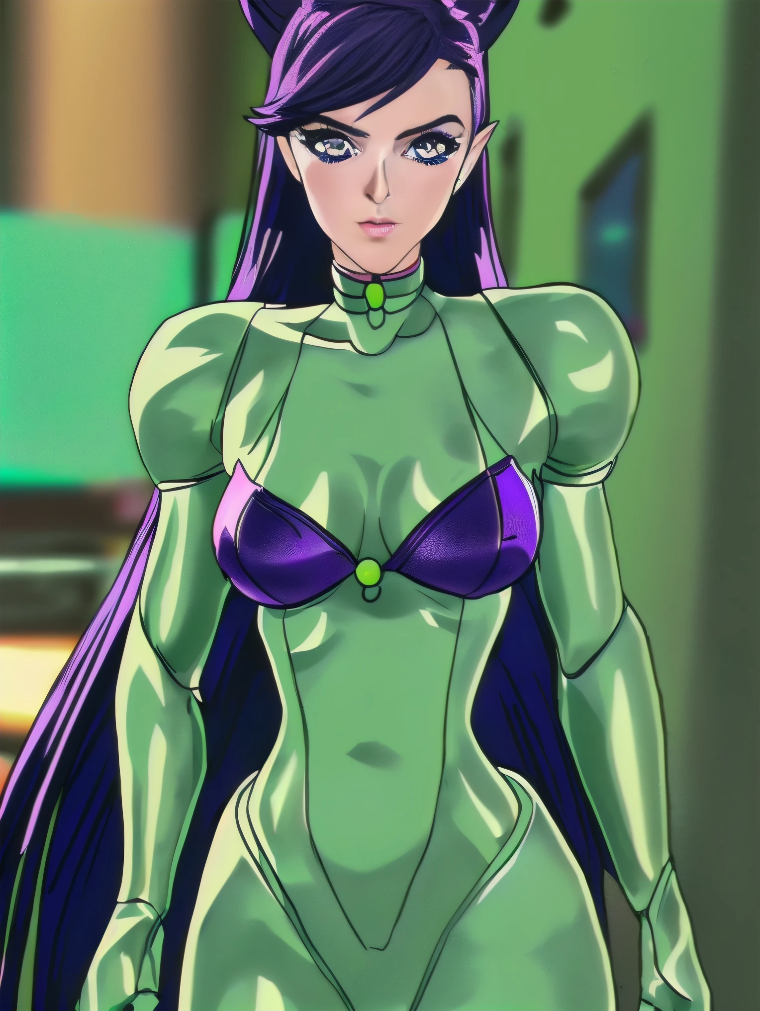 ultra detailed of a woman cyborg, 1girl, (natural skin texture, realistic eye details:1.2) animatronic, alone, breasts, purple eyes, purple hair, reploid, long hair, robot ears, artwork, high quality, hypnotized, standing at attention