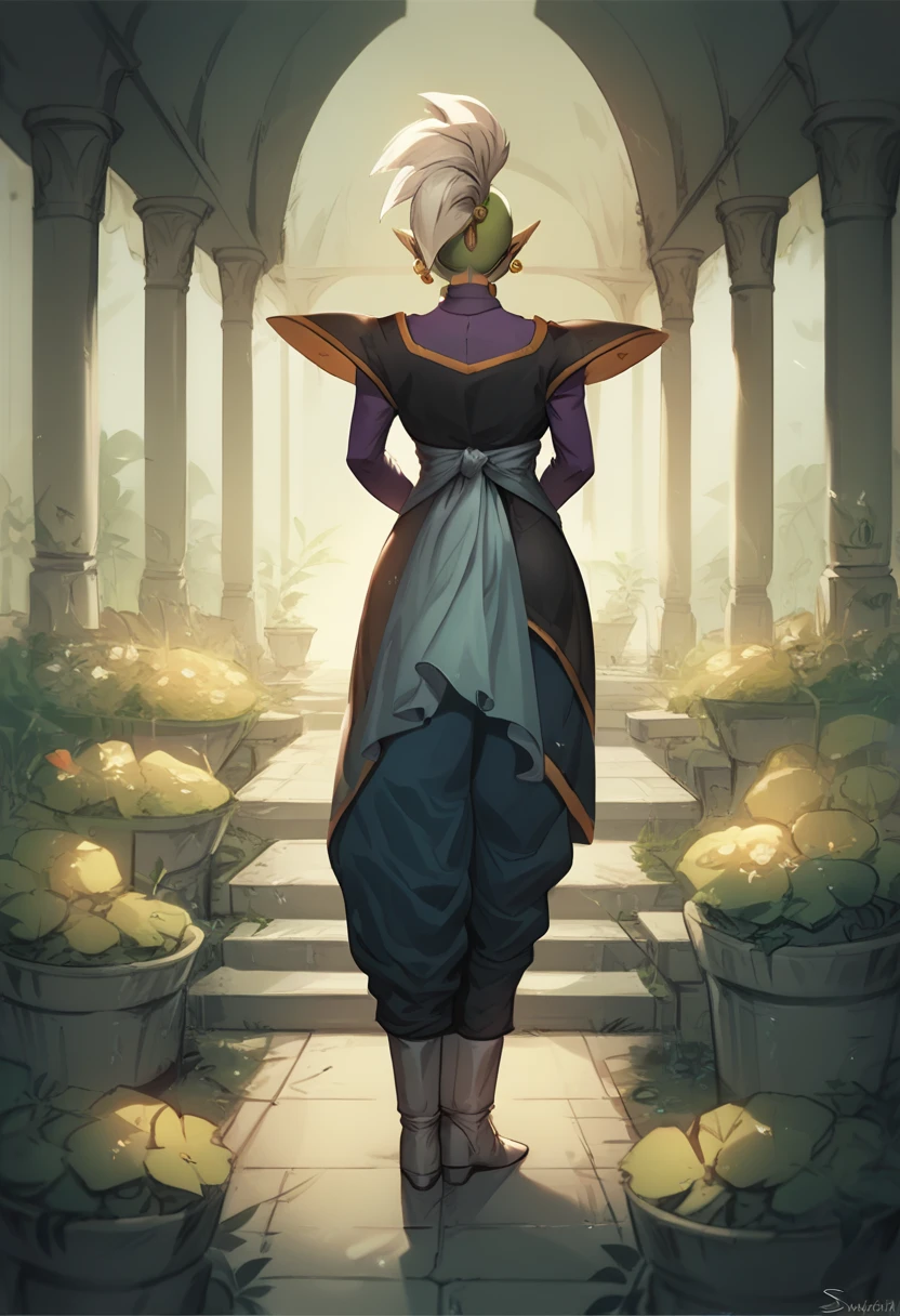 Zamasu, colored skin, green skin, mohawk, white hair, grey eyes, single earring, dougi, pointy ears, full body, standing in the garden, soft sky's,  looking at viewer, hands behind his back, big ass