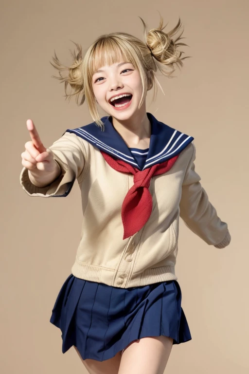 toga himiko,masterpiece, supper fine illustration,hires, Correct human body, Correct number of arms,The correct number of fingers, Blonde,  twin tails, girl, big eyes, wide-open eyes,Crazy Smile, open your mouth wide ,beige sailor suit, red scarf,  navy blue skirt with shirasu, wielding a knife,Scene with intense movement ,Pounce, jump,