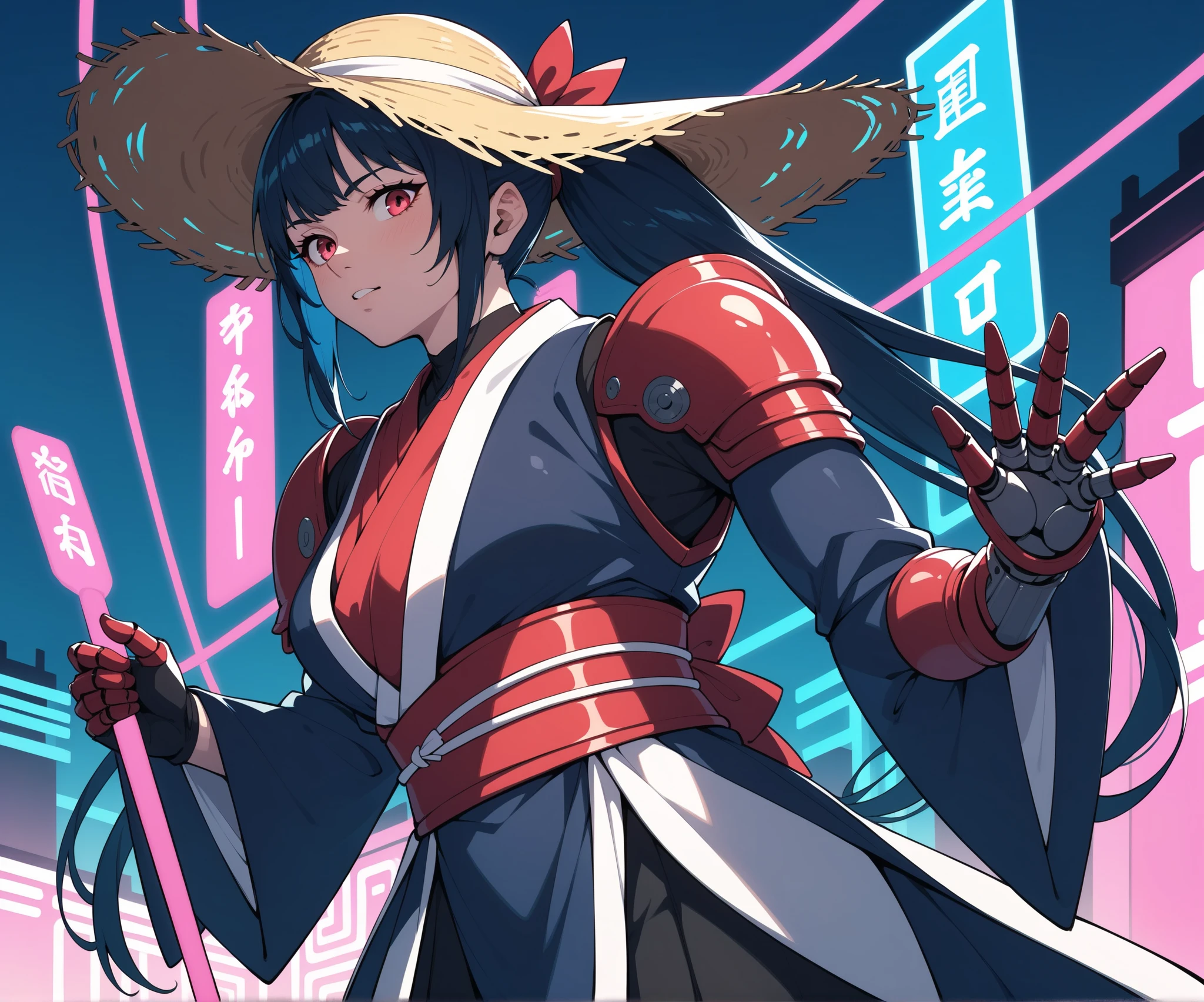 The front of the body is as shown in the picture, with long straight black ponytail hair and bangs, Japanese samurai armor, the metal part of the armor emits mechanical devices, a Japanese straw hat on the head, the main color of the costume is red, and the hands are mechanical arms with blue With pink neon lights