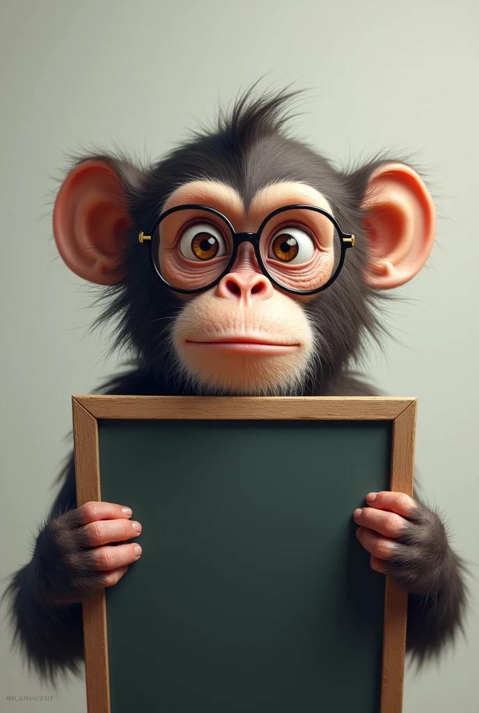 Black and white monkey with glasses, one eyebrow raised and no hair