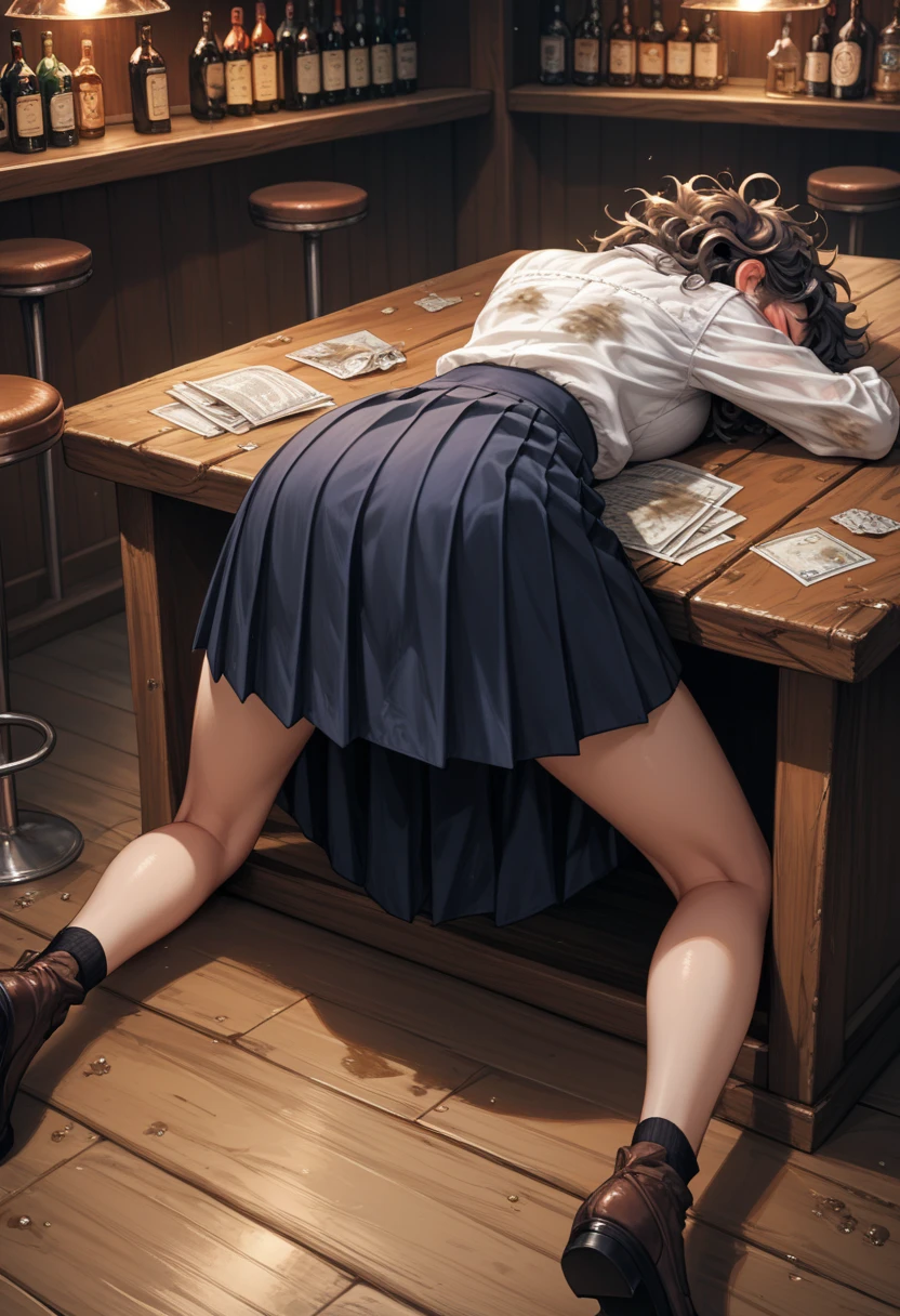 score_9, score_8_up, score_7_up, score_6_up, score_5_up, score_4_up, source_anime, solo focus, 1girl, eyes closed, blushing, vomit, passed out, (fall asleep), asleep leaning against the table, top-down bottom-up, legs spread, ((bar table)), closet, disheveled clothes, skirt lifted, messy hair, dirty clothes, side view, rear angle, dim light, bar, (topple over), dramatic light, dynamic angle