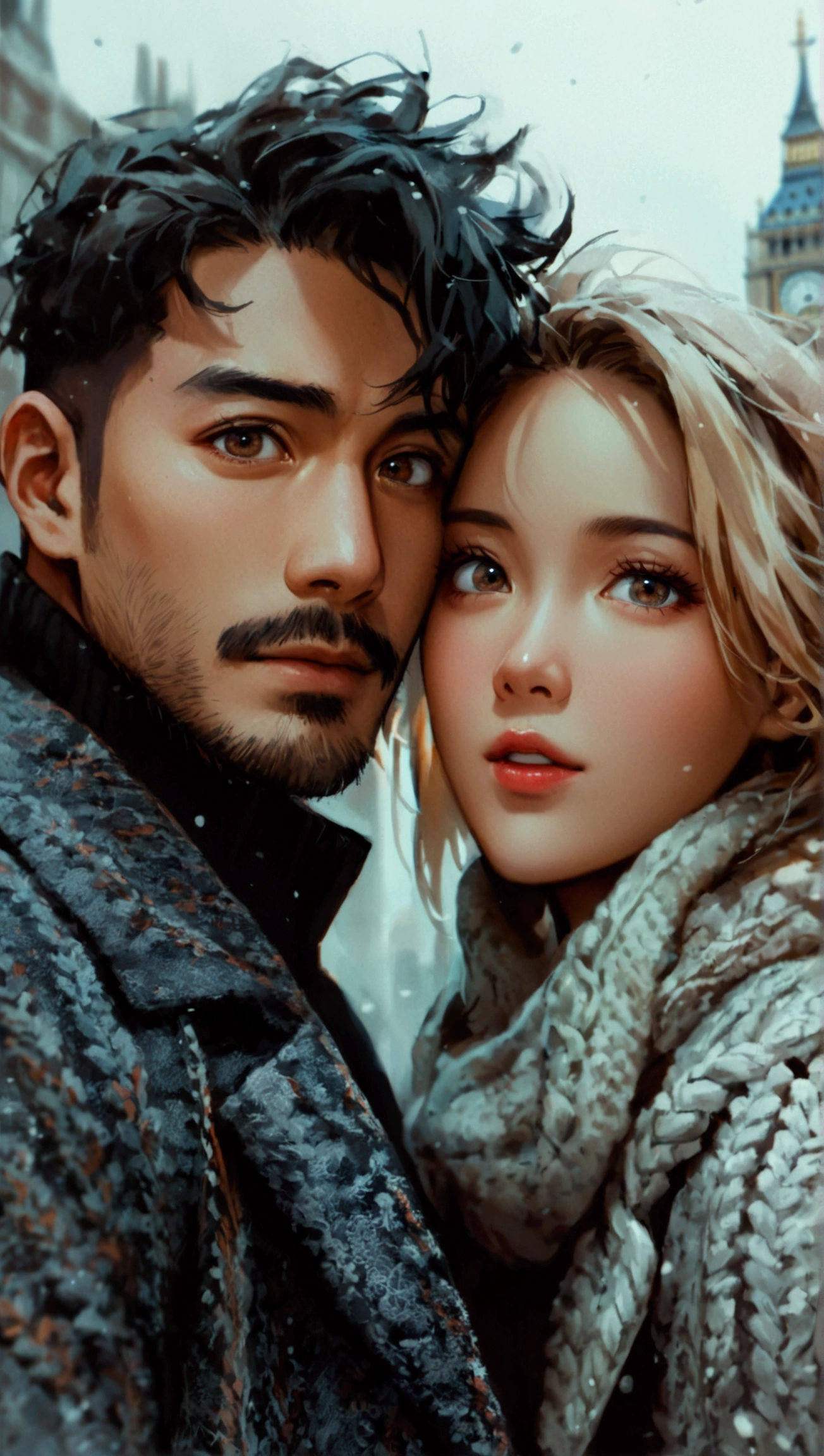 Portray a full shot of an international couple in accentuating a blissful moment. The couple is looking directly in to the camera. The couple features an Asian man in his thirties and a white European woman in her twenties. The man has a strong square face, adorned with light olive skin, golden undertone, round black eyes, low cheek bones, a prominent nose, and short black hair. He is dressed in a nice suite. The pretty oval face of woman is defined by almond eyes in light hazel color, low cheek bones, prominent nose, long blonde hair and fair complexity. She is dressed in a knitted sweater. London background on a chilly day with gray sky, ((full shot)), ((looking at viewer)), ((Asian man)), ((European woman)), (couple shot), (round eyes), ((wide view)), highly detailed, soft lighting, natural makeup, soft colors, (straight nose), ((surprised)), ((from below))